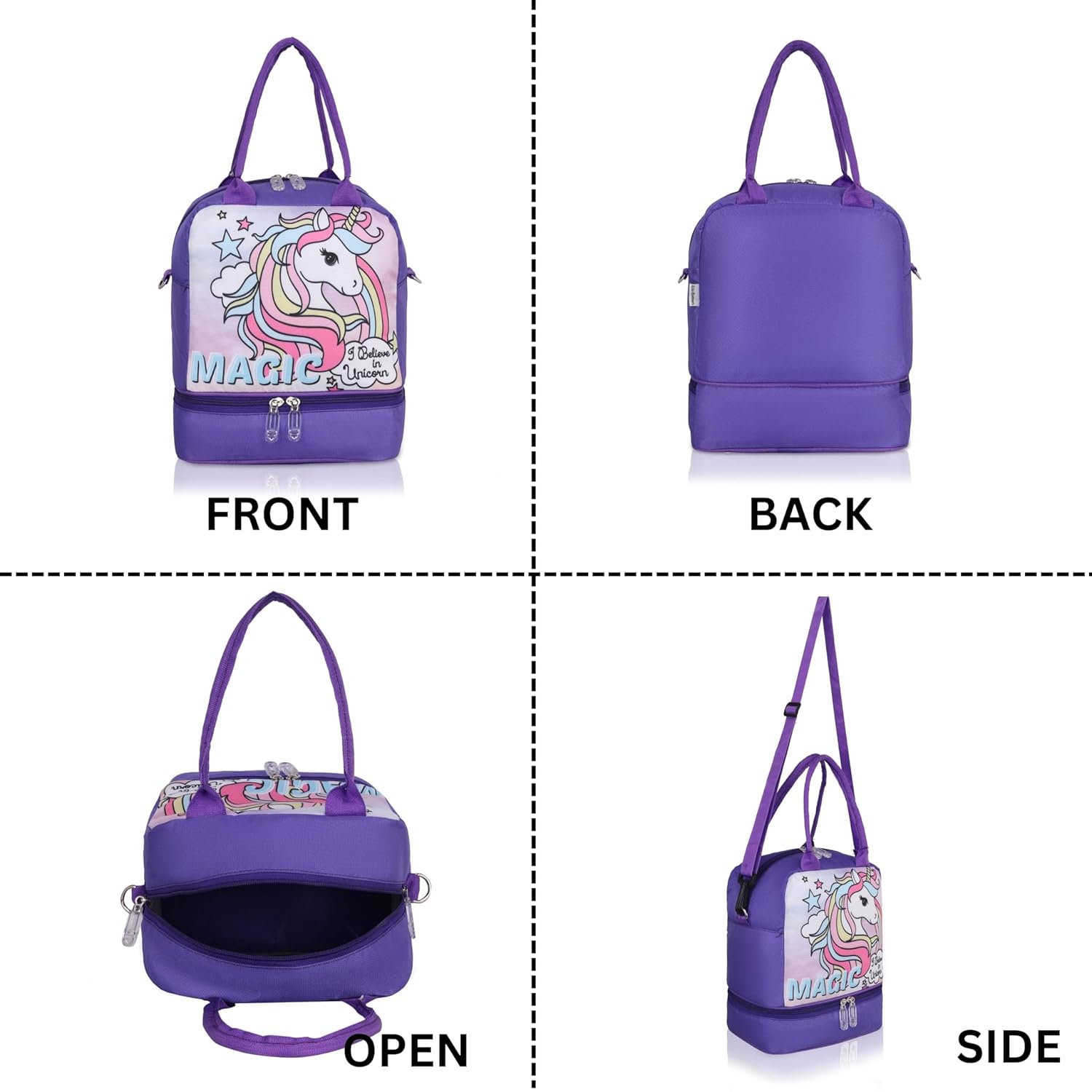 Echo Boomers Double Layer Insulated Tiffin Lunch Bag - Magical Purple Unicorn Print, Multi Pockets & Long Strap