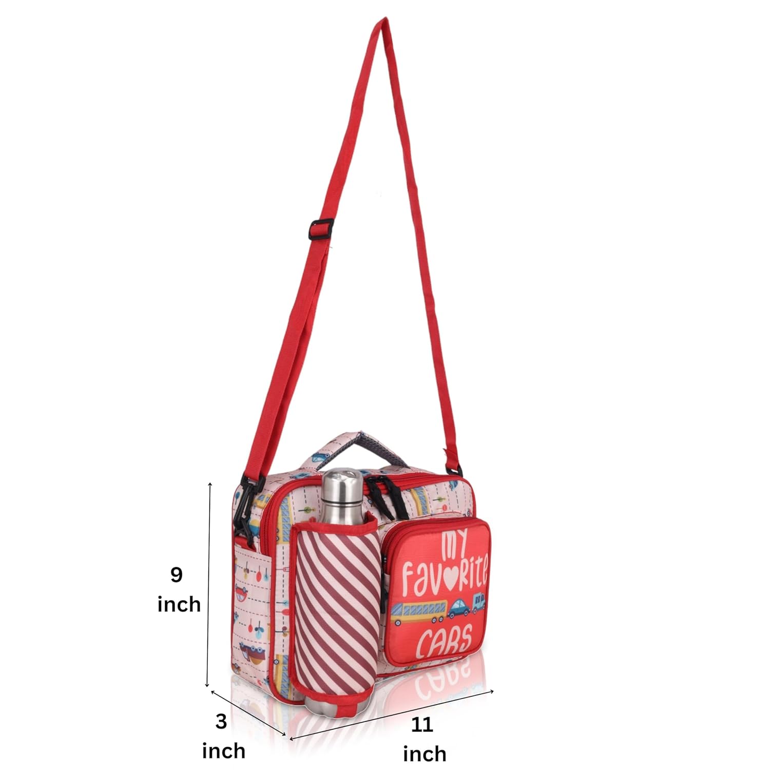 Echo Boomers Red Cars Print Insulated Tiffin Lunch Bags for Kids with Multi Zipper Pockets