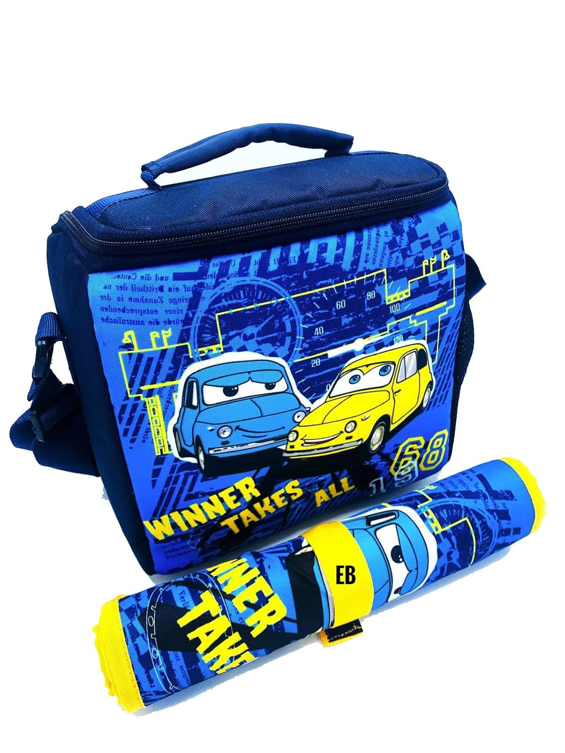 Echo Boomers Cars Printed Insulated Lunch Bag & Rolled Dinning TableMat Combo, Tiffin and Food Storage Bag for Work, Students, Office, Picnic, College & School with Multiple Zipper Pockets Blue