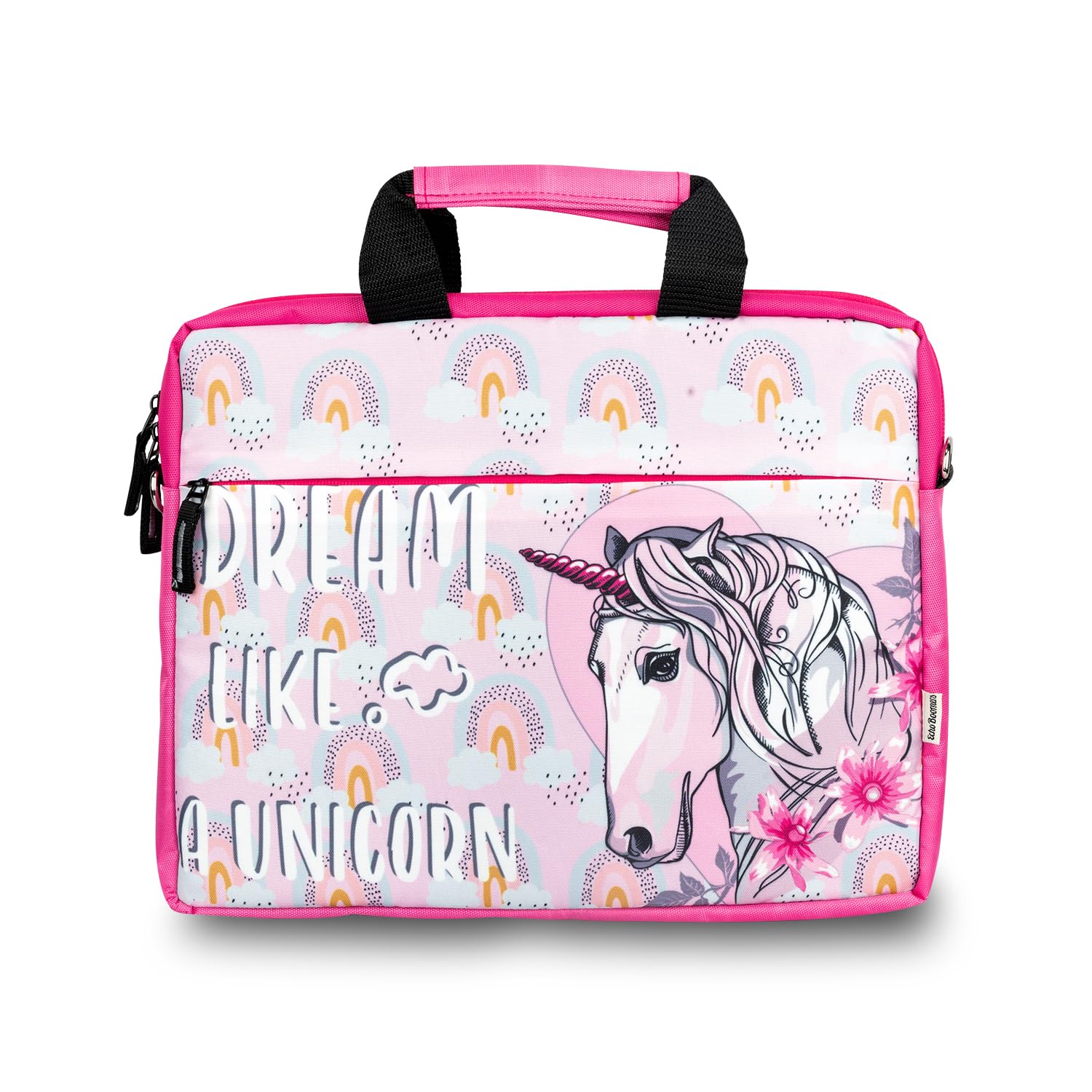 Echo Boomers Unicorn Printed Pink Colour Multi Pocket Sling Laptop Bag with Detachable Strap