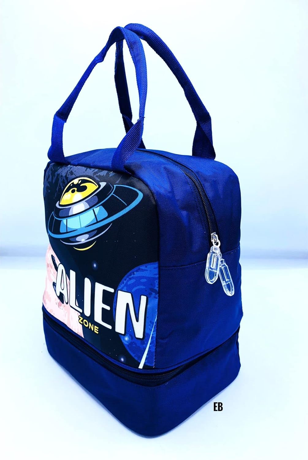 Echo Boomers Blue Alien Printed Double Layer Insulated Tiffin Lunch Double Bag with Multi Zipper Pockets