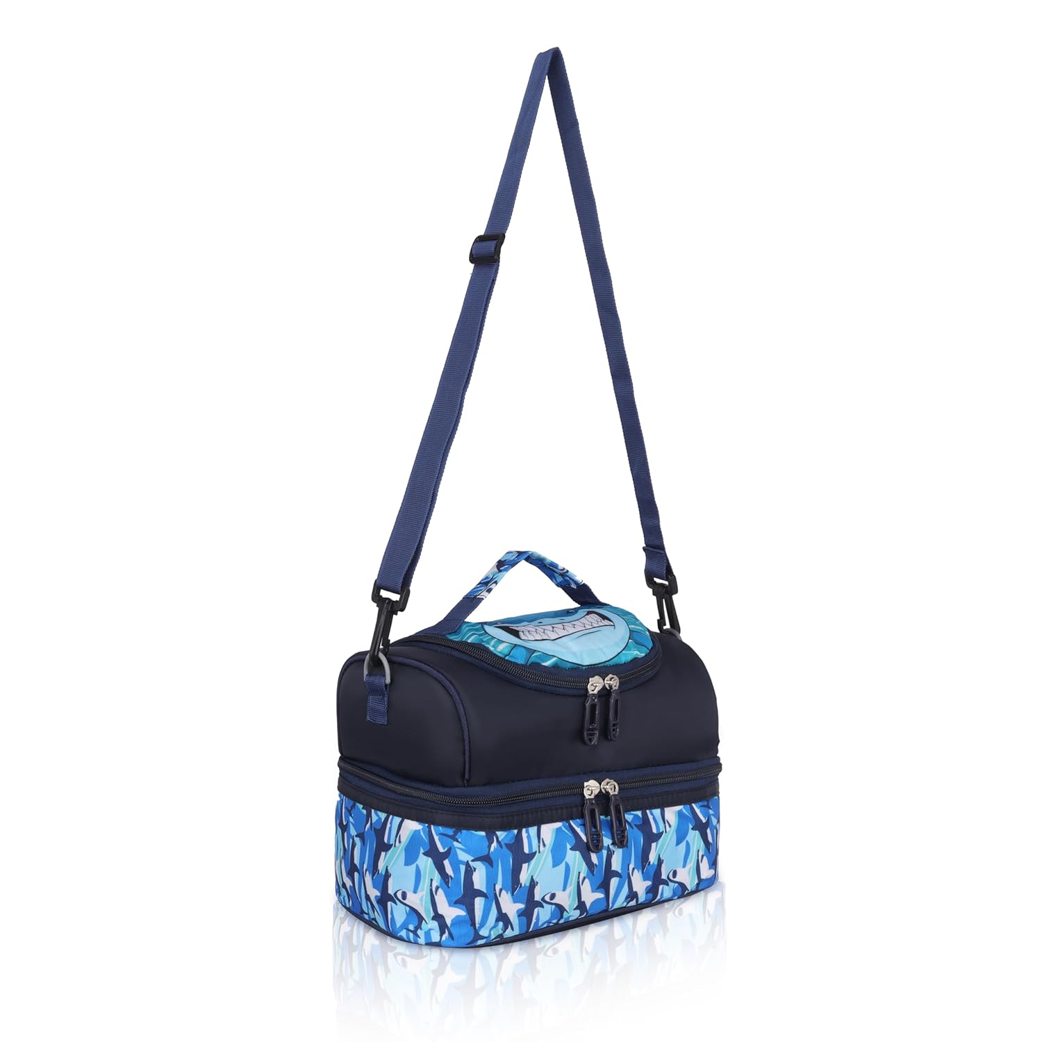 Echo Boomers Blue Sharks Printed Double Layer Insulated Tiffin Lunch Bag with Detachable Strap