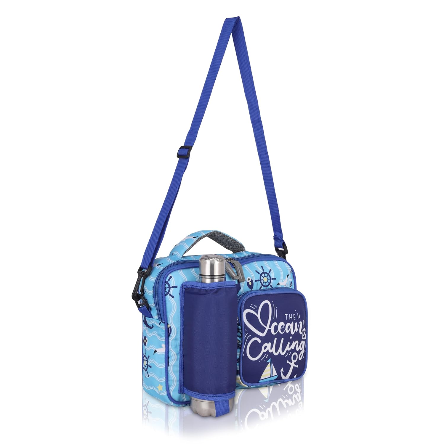 Echo Boomers Blue Ocean Print Insulated Tiffin Lunch Bags for Kids with Multi Zipper Pockets