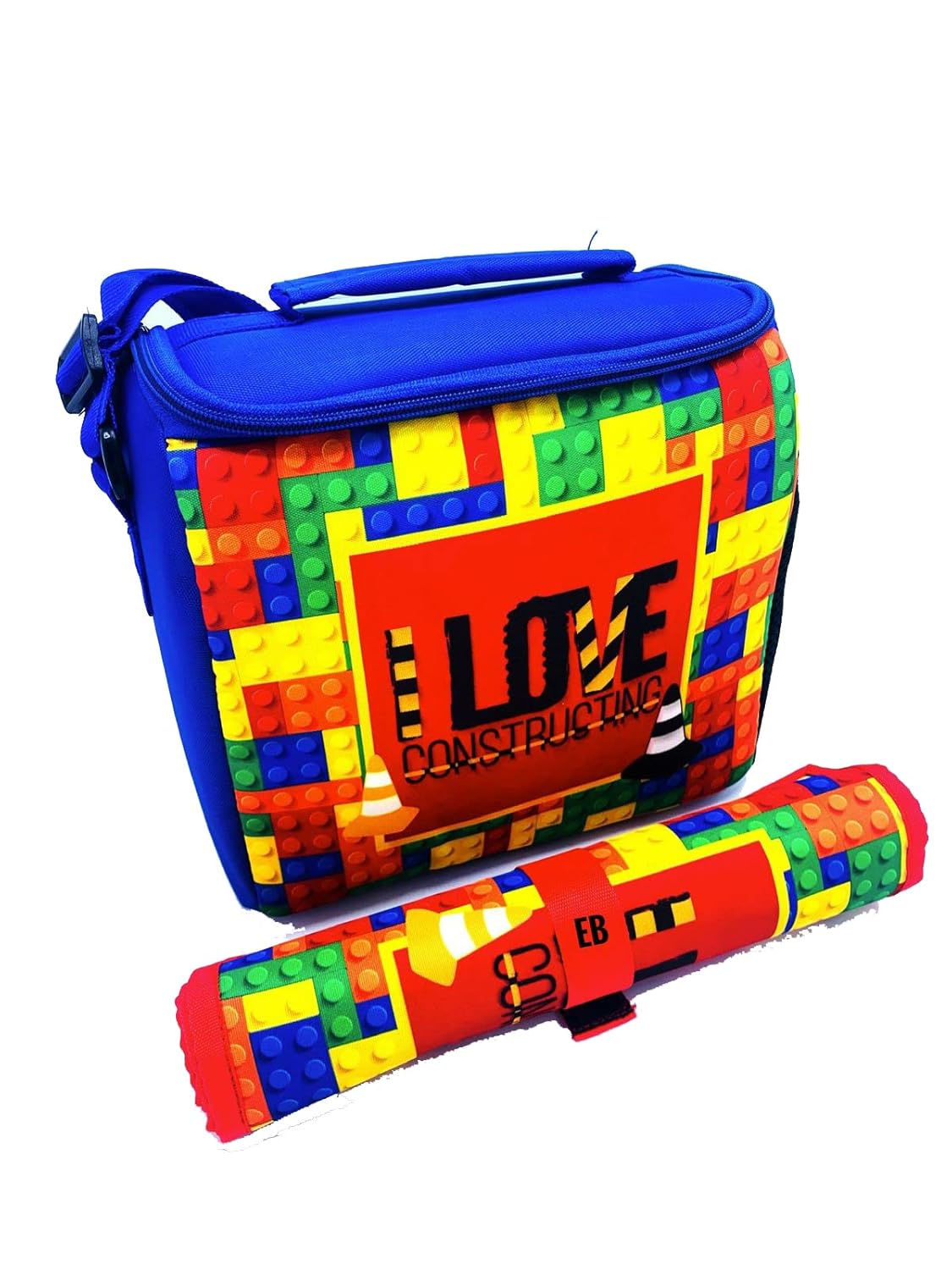 Echo Boomers Lego Printed Insulated Lunch Bag & Rolled Dinning TableMat Combo, Tiffin and Food Storage Bag for Work, Students, Office, Picnic, College & School with Multiple Zipper Pockets