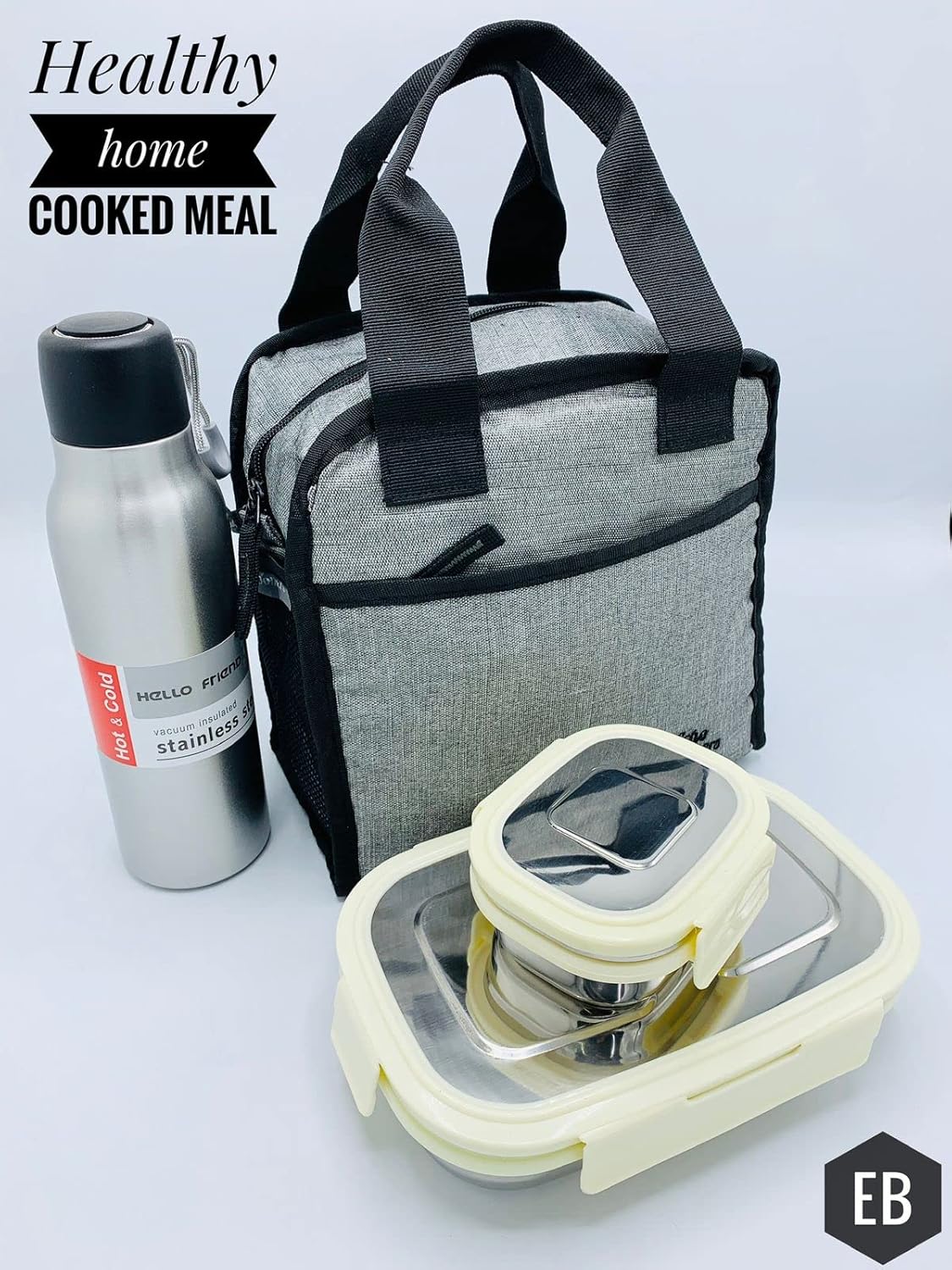 Echo Boomers Silver Colour Solid Border Textured Insulated Tiffin Lunch Bag with Multi Zipper Pockets