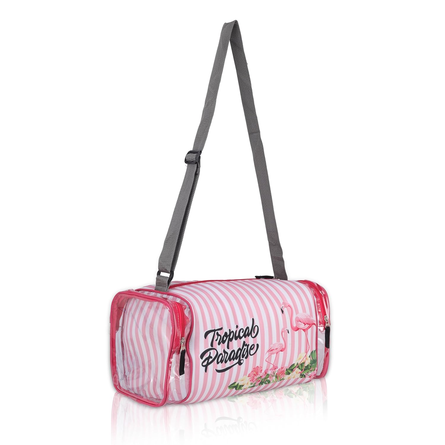 Echo Boomers Pink Stripes Print Square Travel Duffle Gym Luggage Bag with PVC Side Compartments