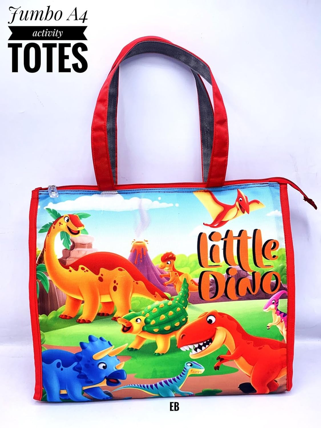 Echo Boomers Red Little Dino Printed Jumbo Size Drawing/Activity Tote Bag with Multiple Pockets