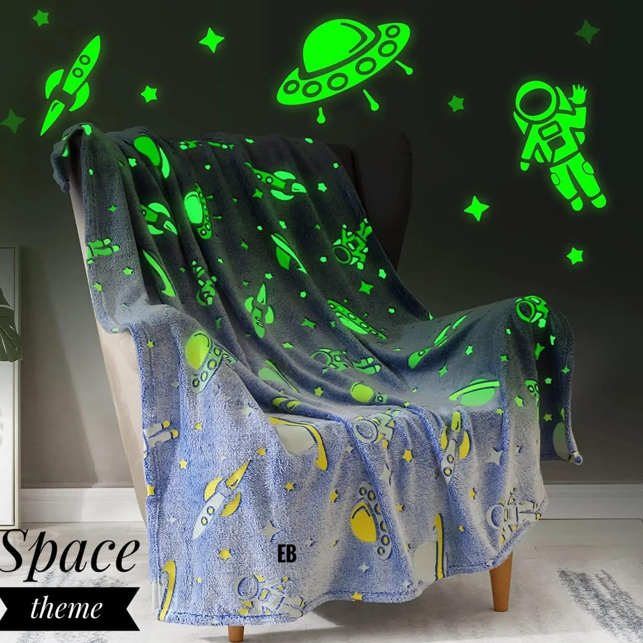 Space Glow in The Dark Blanket Printed Blankets for Kids, Light Weight Soft Cozy All Season Blankets for Baby Boys & Girls Pack of 1 Grey Star-Big (60x80 inches)