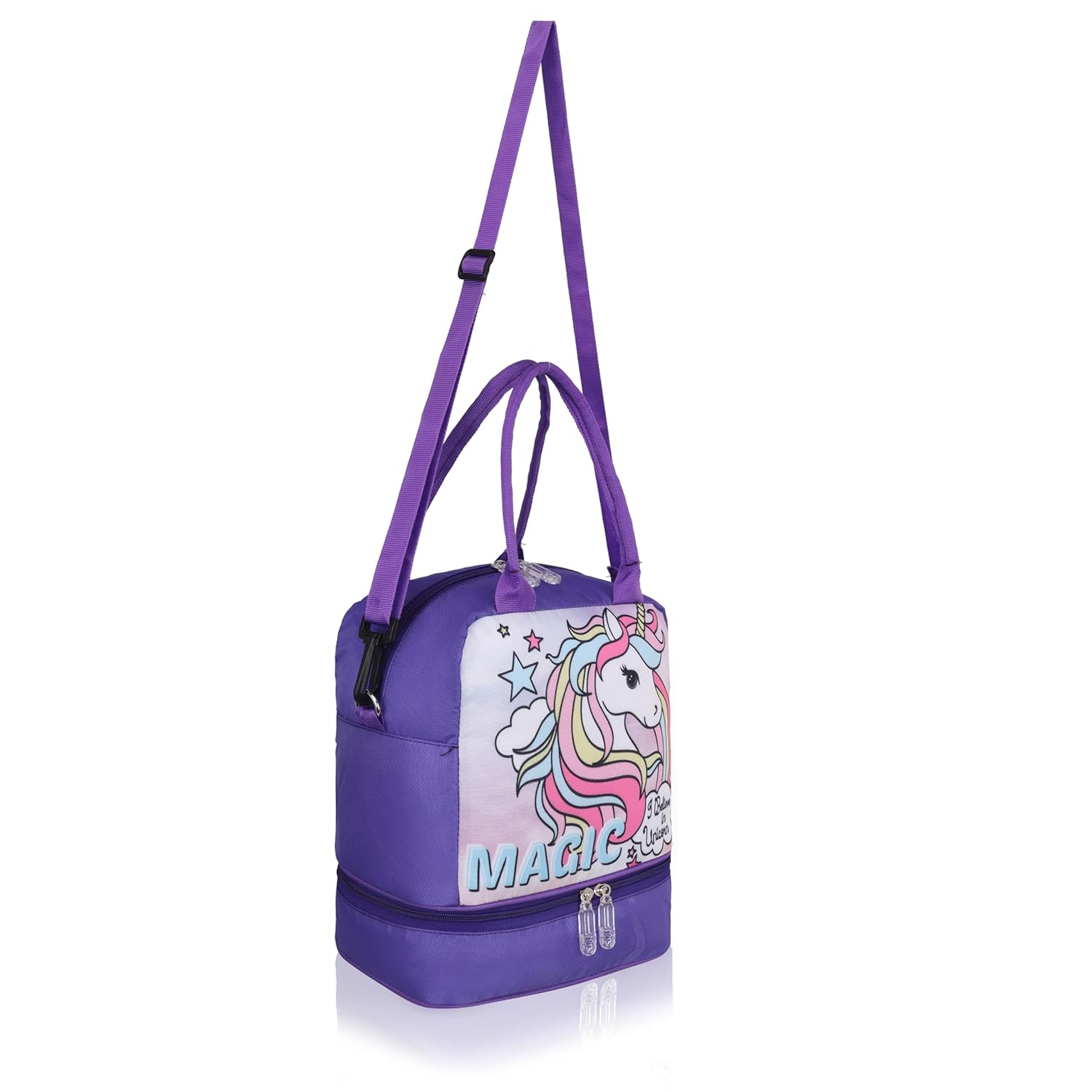 Echo Boomers Double Layer Insulated Tiffin Lunch Bag - Magical Purple Unicorn Print, Multi Pockets & Long Strap