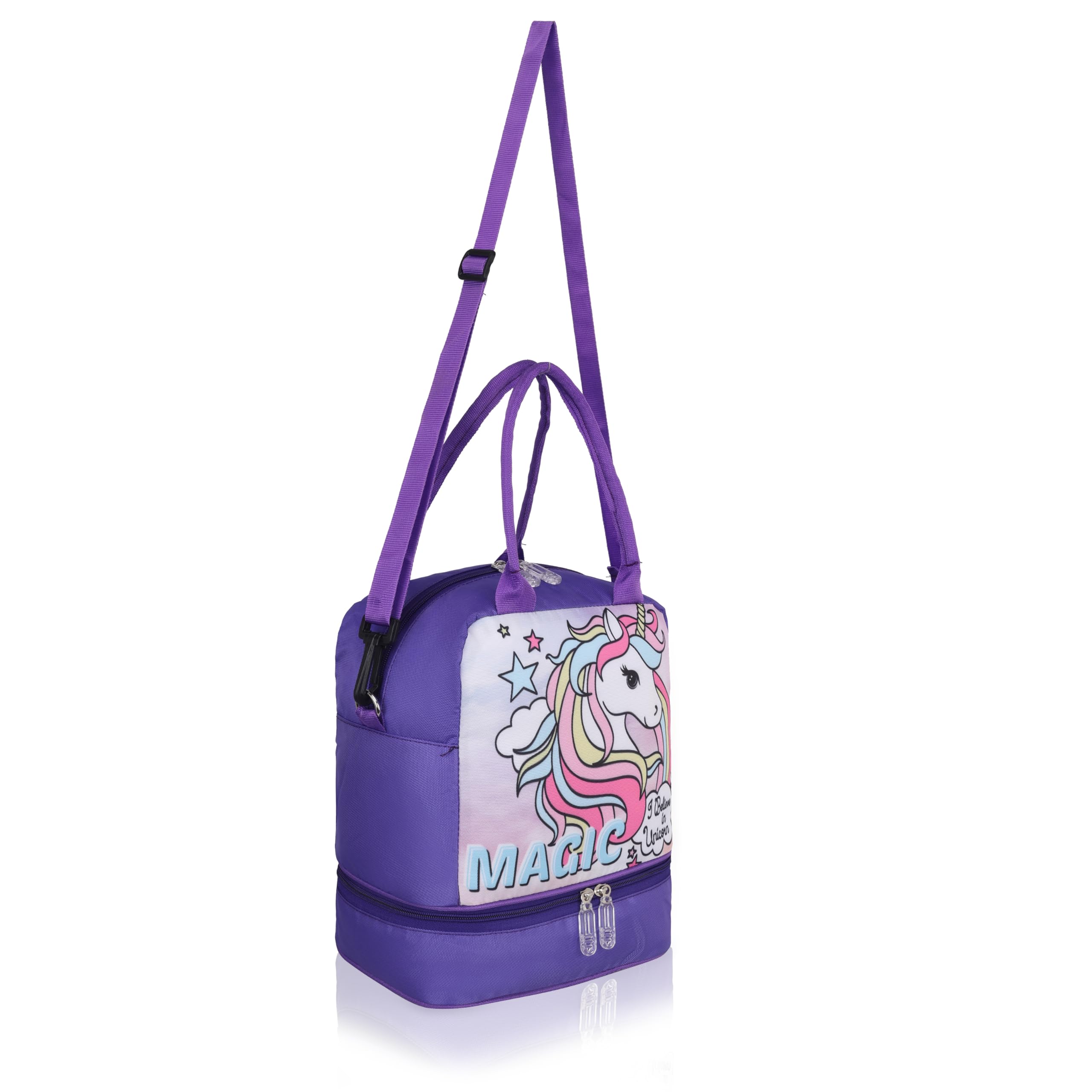 Echo Boomers Double Layer Insulated Tiffin Lunch Bag - Purple Soccer Championship Print, Multi Pockets & Long Strap