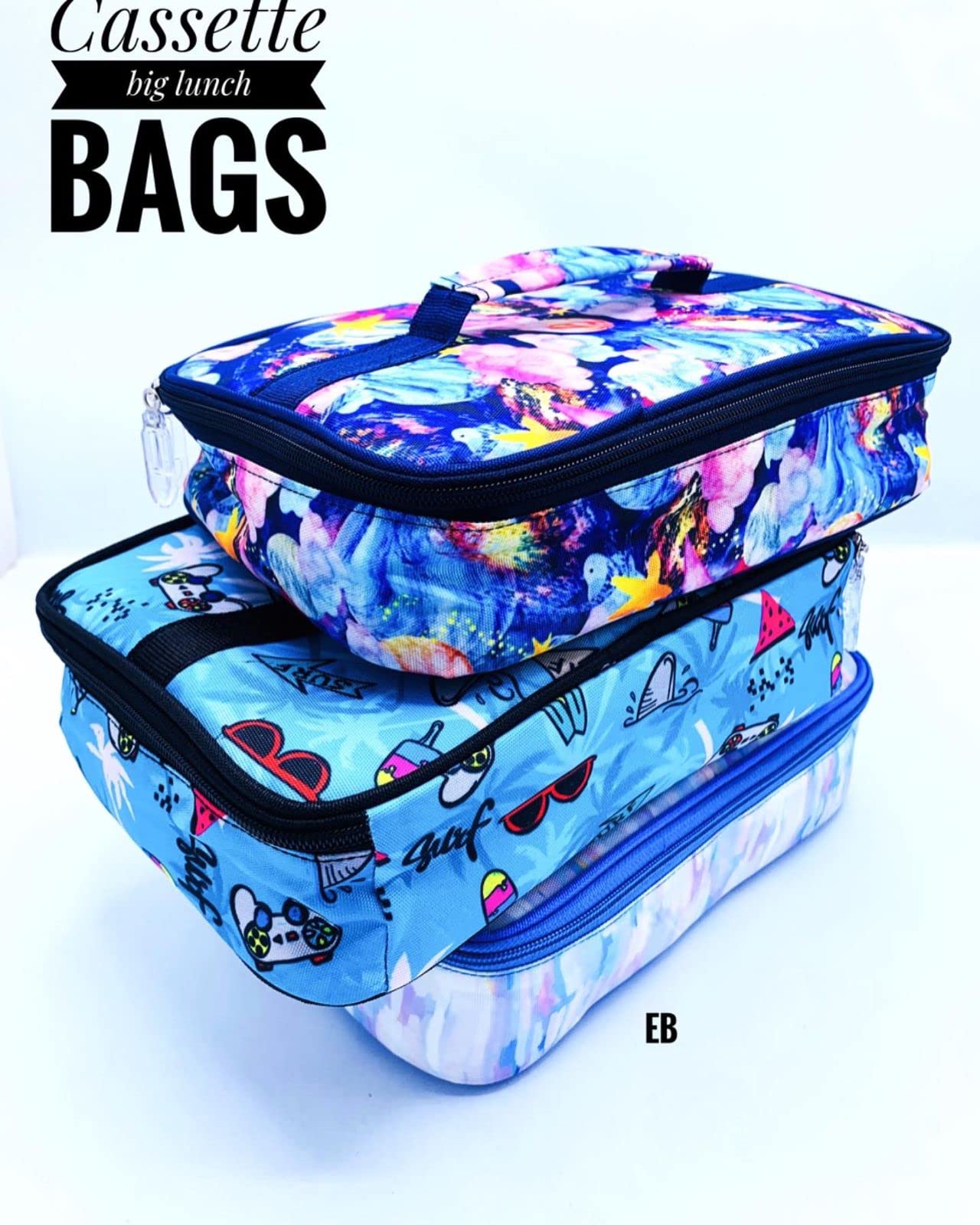 Echo Boomers Blue Videogames Printed Insulated Tiffin Bento Lunch Large Bag with Multi Zipper Pockets