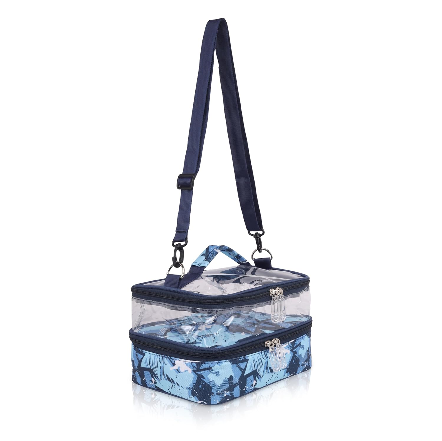 Echo Boomers Stars Printed Small Double-Decker Insulated Lunch Bag with Multi-Zipper Pockets - Blue