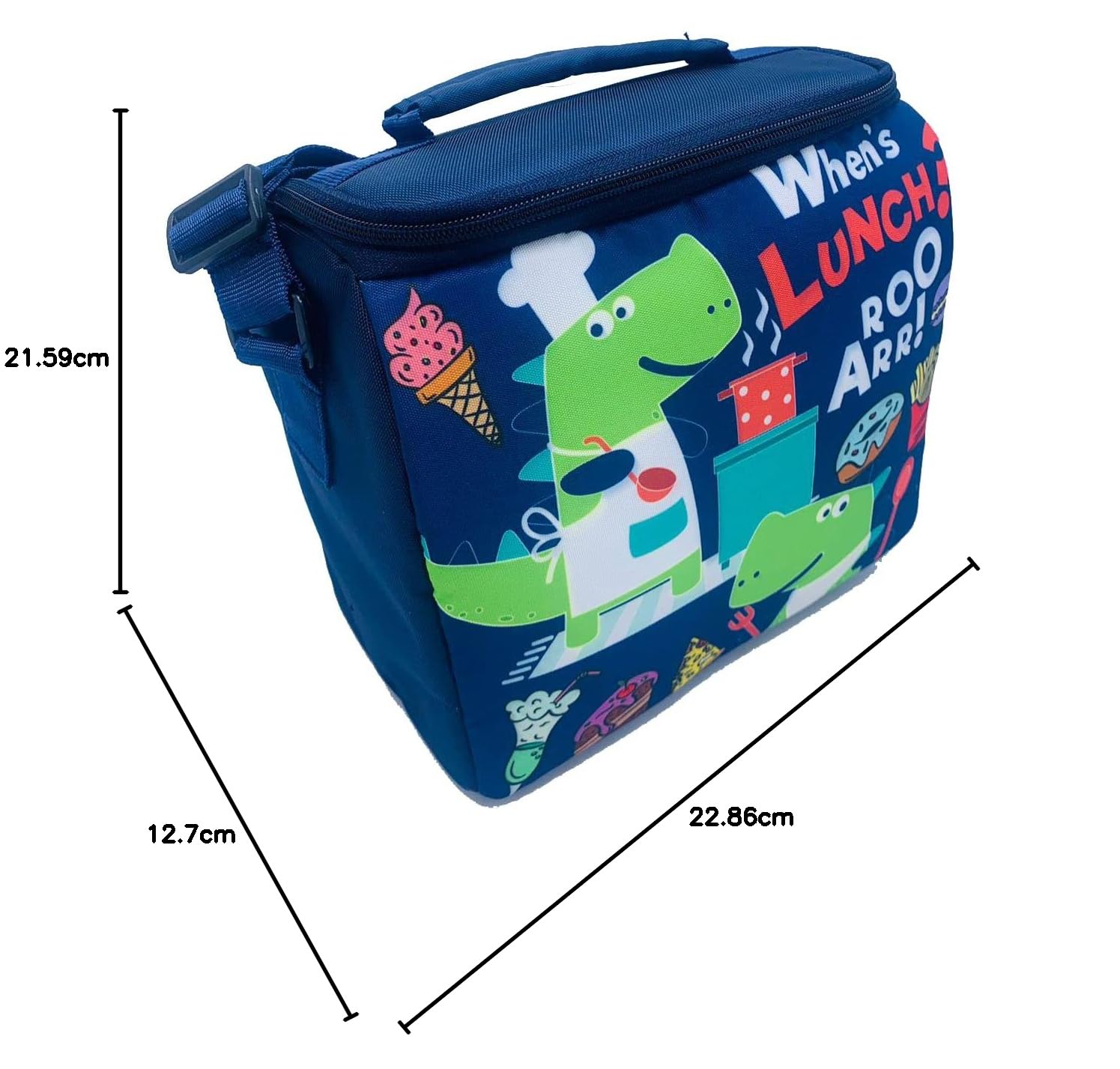 Echo Boomers Dino Printed Insulated Lunch Bag, Tiffin and Food Storage Bag for Work, Students, Office, Picnic, College & School with Bottle Holder & Multiple Zipper Pockets (Blue)