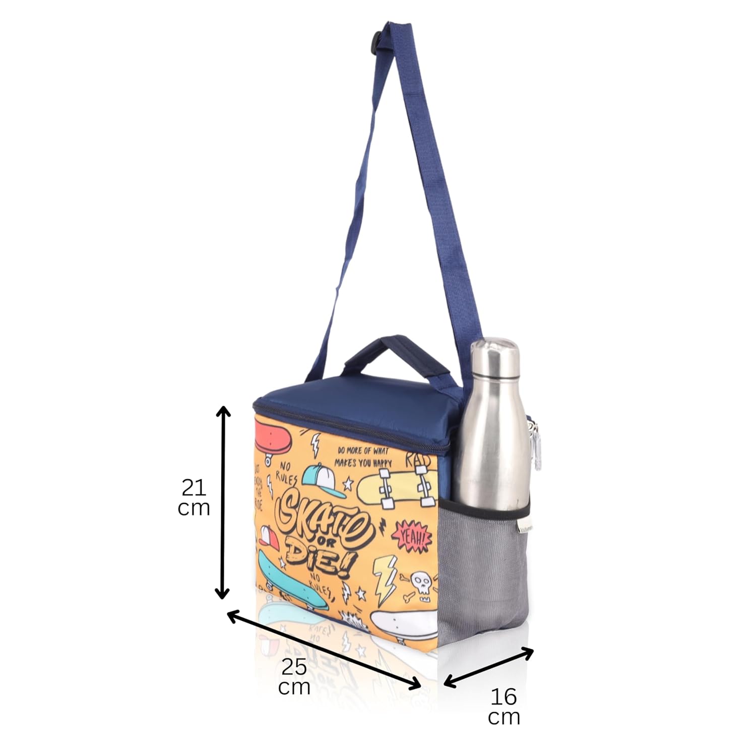 Echo Boomers Skates Printed Insulated Lunch Bag, Tiffin and Food Storage Bag for Work, Students, Office, Picnic, College & School with Bottle Holder & Multiple Zipper Pockets (Blue)