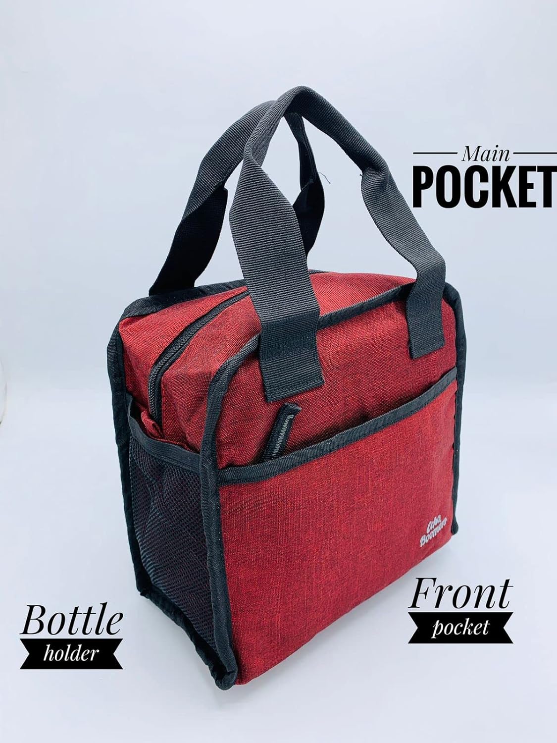 Echo Boomers Red Colour Solid Border Textured Insulated Tiffin Lunch Bag with Multi Zipper Pockets