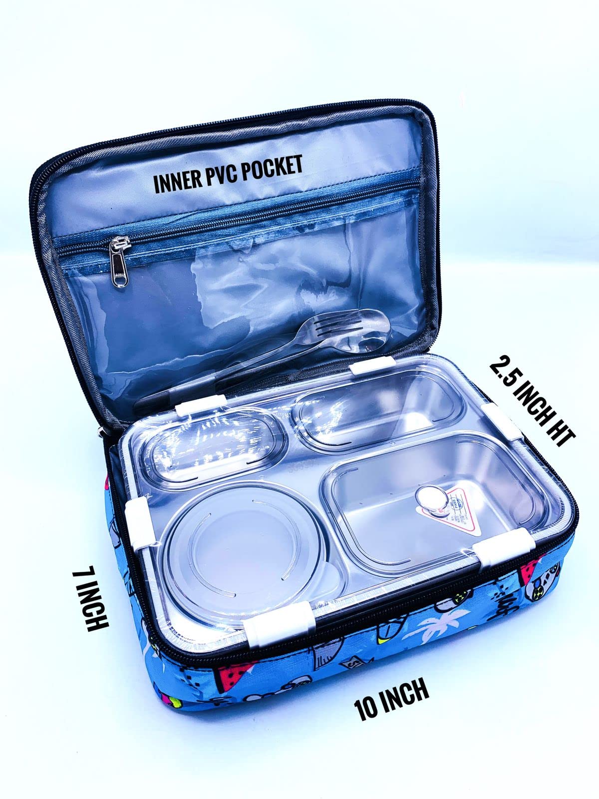 Echo Boomers Blue Videogames Printed Insulated Tiffin Bento Lunch Large Bag with Multi Zipper Pockets