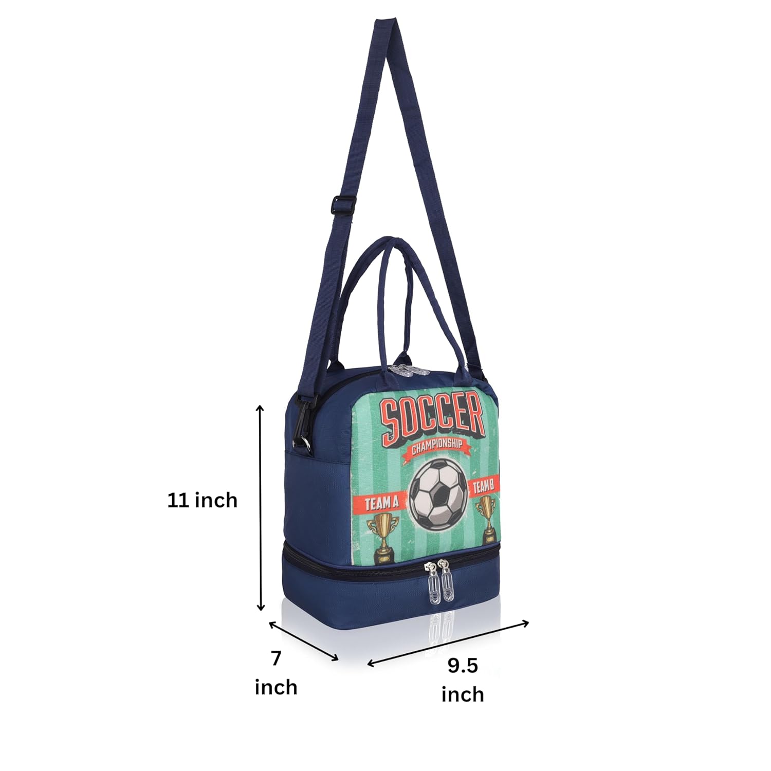 Echo Boomers Double Layer Insulated Tiffin Lunch Bag - Purple Soccer Championship Print, Multi Pockets & Long Strap