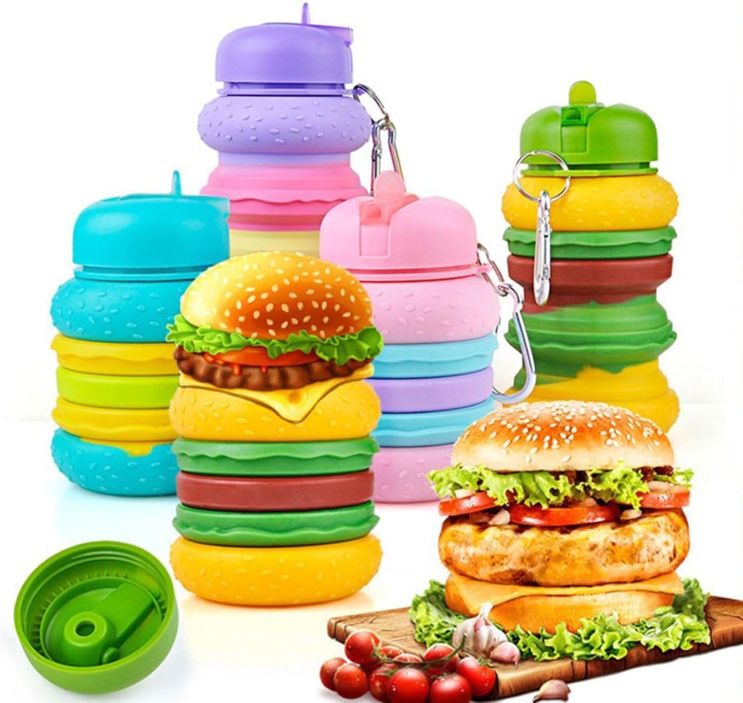 Echo Boomers Burger Shape 600ml Bpa Free Silicone Expand Water Bottle for School, Travel Adventure, Sports, Gym For Kids & Adults (Purple)