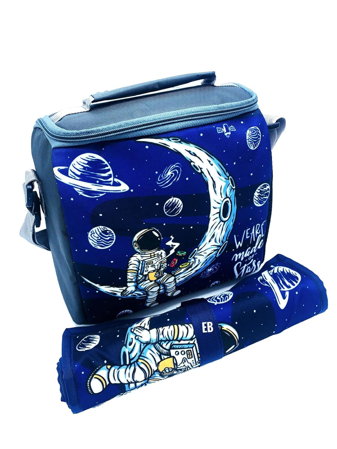 Echo Boomers Moon Printed Insulated Lunch Bag & Rolled Dinning TableMat Combo, Tiffin and Food Storage Bag for Work, Students, Office, Picnic, College & School with Multiple Zipper Pockets Blue