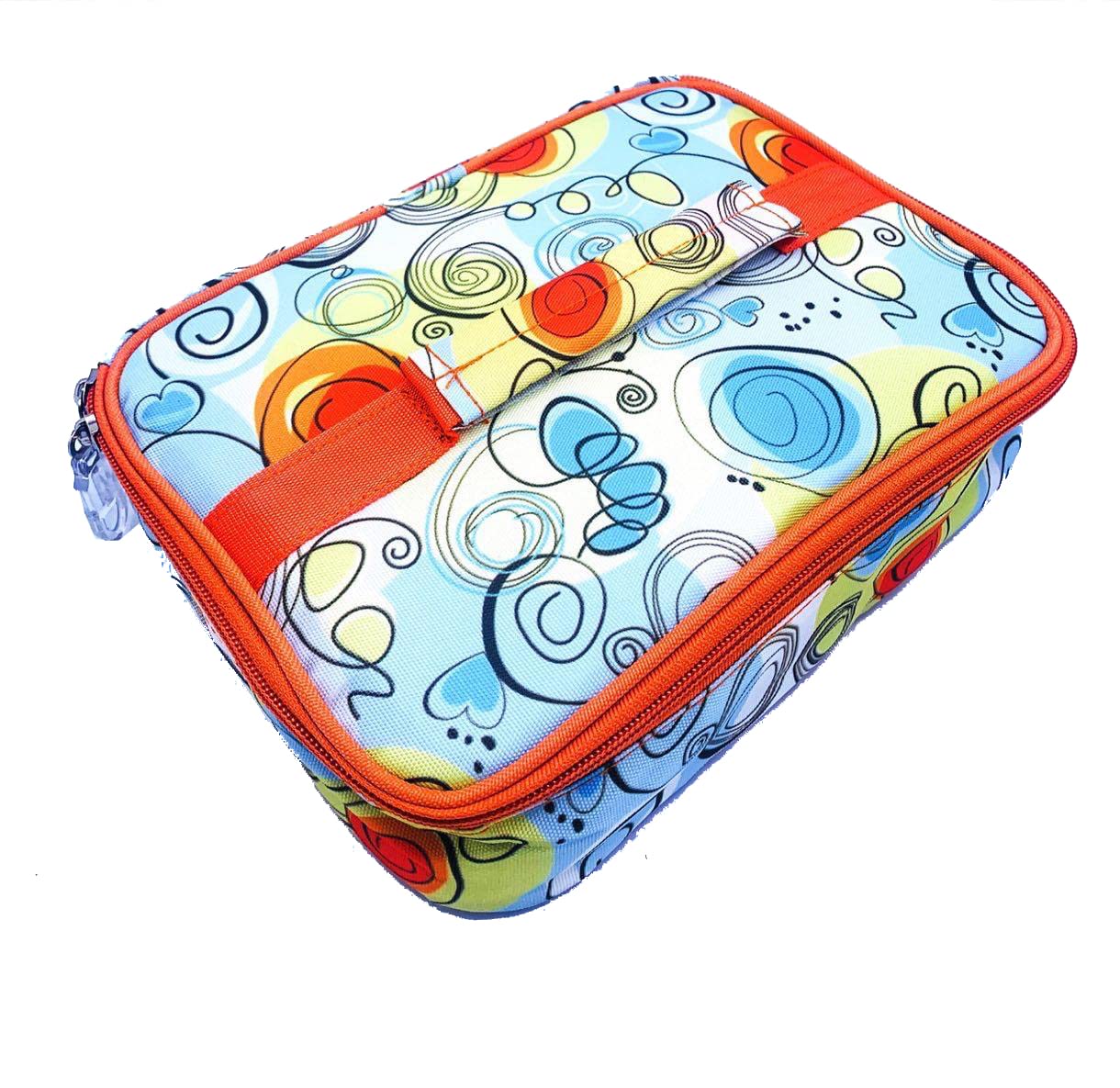 Echo Boomers Orange Spiral Printed Insulated Tiffin Bento Lunch Medium Bag with Multi Zipper Pockets