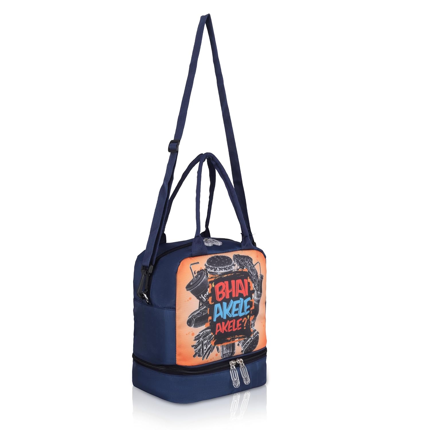 Echo Boomers Double Layer Tiffin Lunch Bag - Bhai Akele Akele Text Print, Insulated Tiffin Bag with Multi Pockets & Long Strap