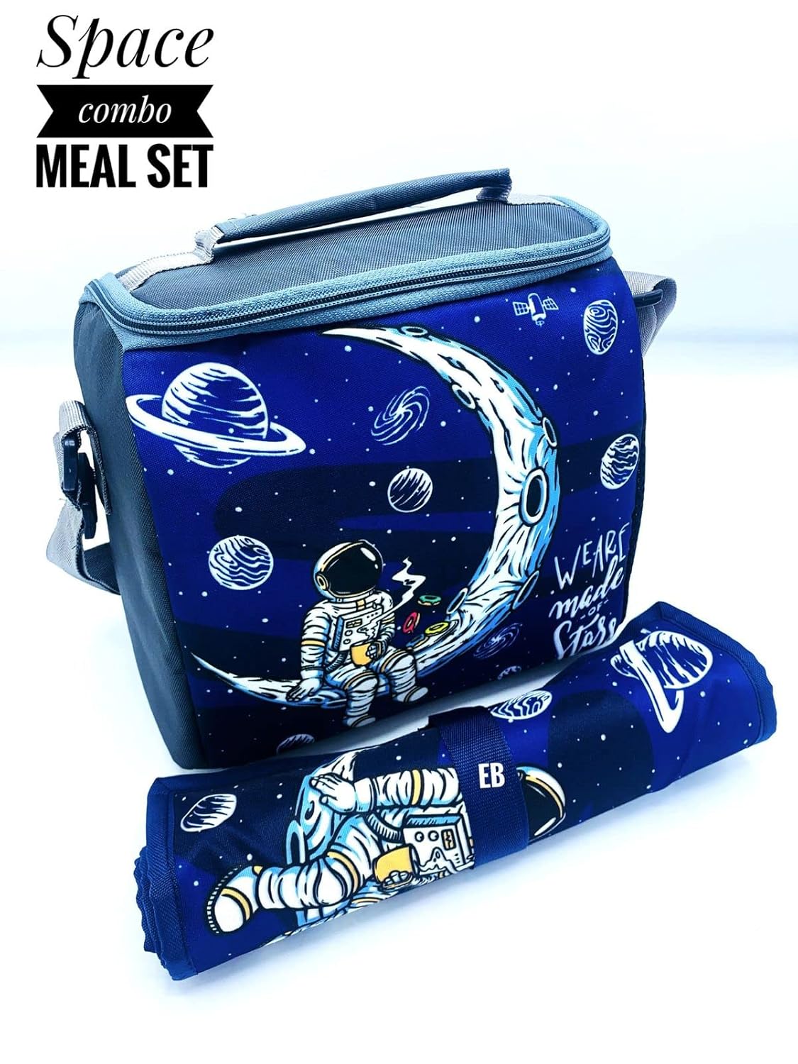 Echo Boomers Moon Printed Insulated Lunch Bag & Rolled Dinning TableMat Combo, Tiffin and Food Storage Bag for Work, Students, Office, Picnic, College & School with Multiple Zipper Pockets Blue