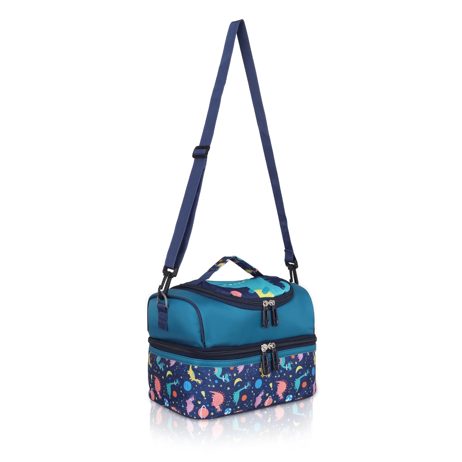 Echo Boomers Blue Dino Printed Double Layer Insulated Tiffin Lunch Bag with Detachable Strap