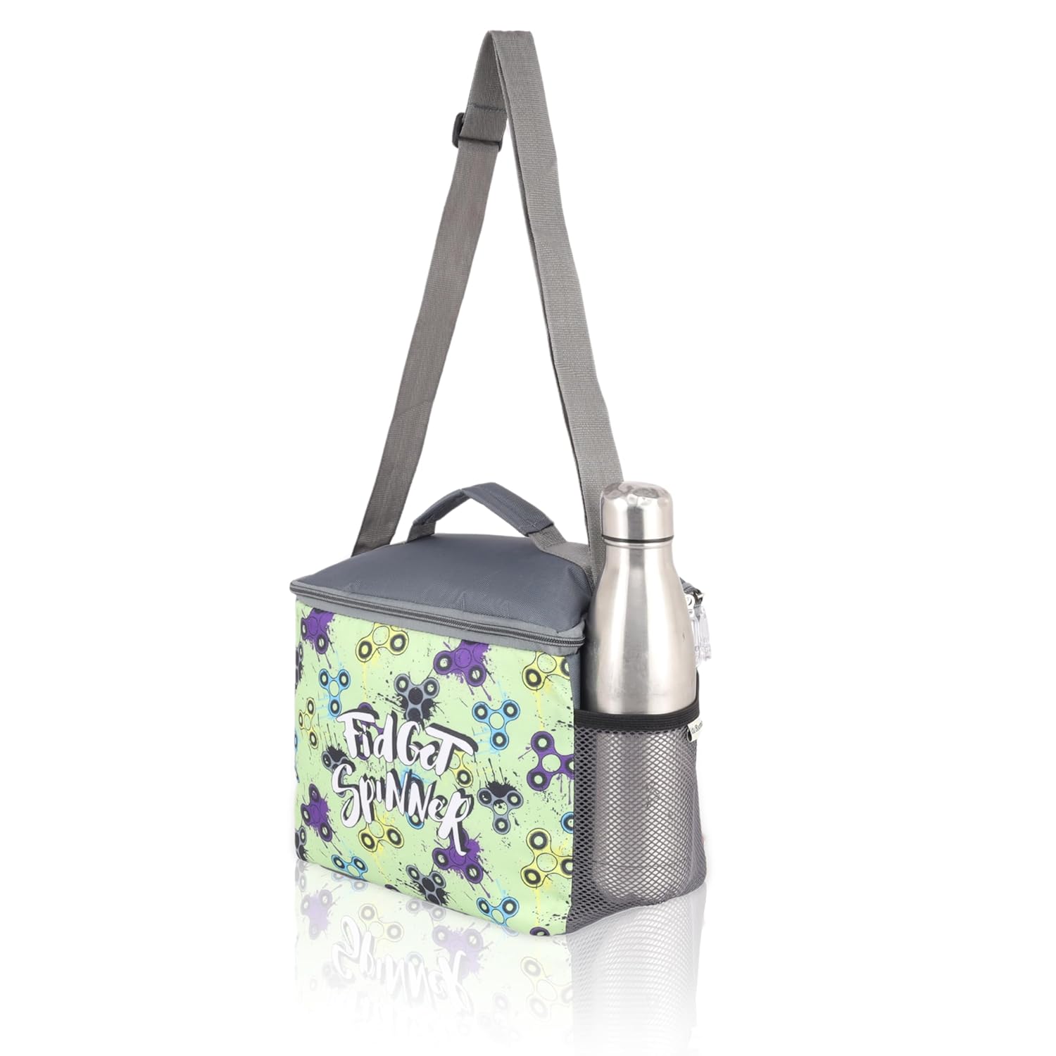 Echo Boomers Fidget Printed Insulated Lunch Bag, Tiffin and Food Storage Bag for Work, Students, Office, Picnic, College & School with Bottle Holder & Multiple Zipper Pockets