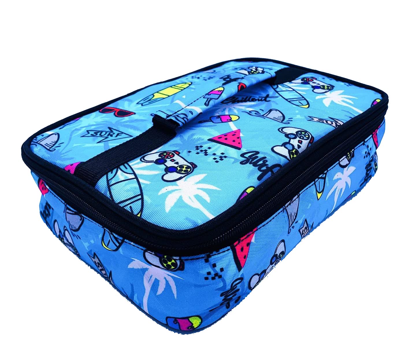 Echo Boomers Blue Videogames Printed Insulated Tiffin Bento Lunch Large Bag with Multi Zipper Pockets