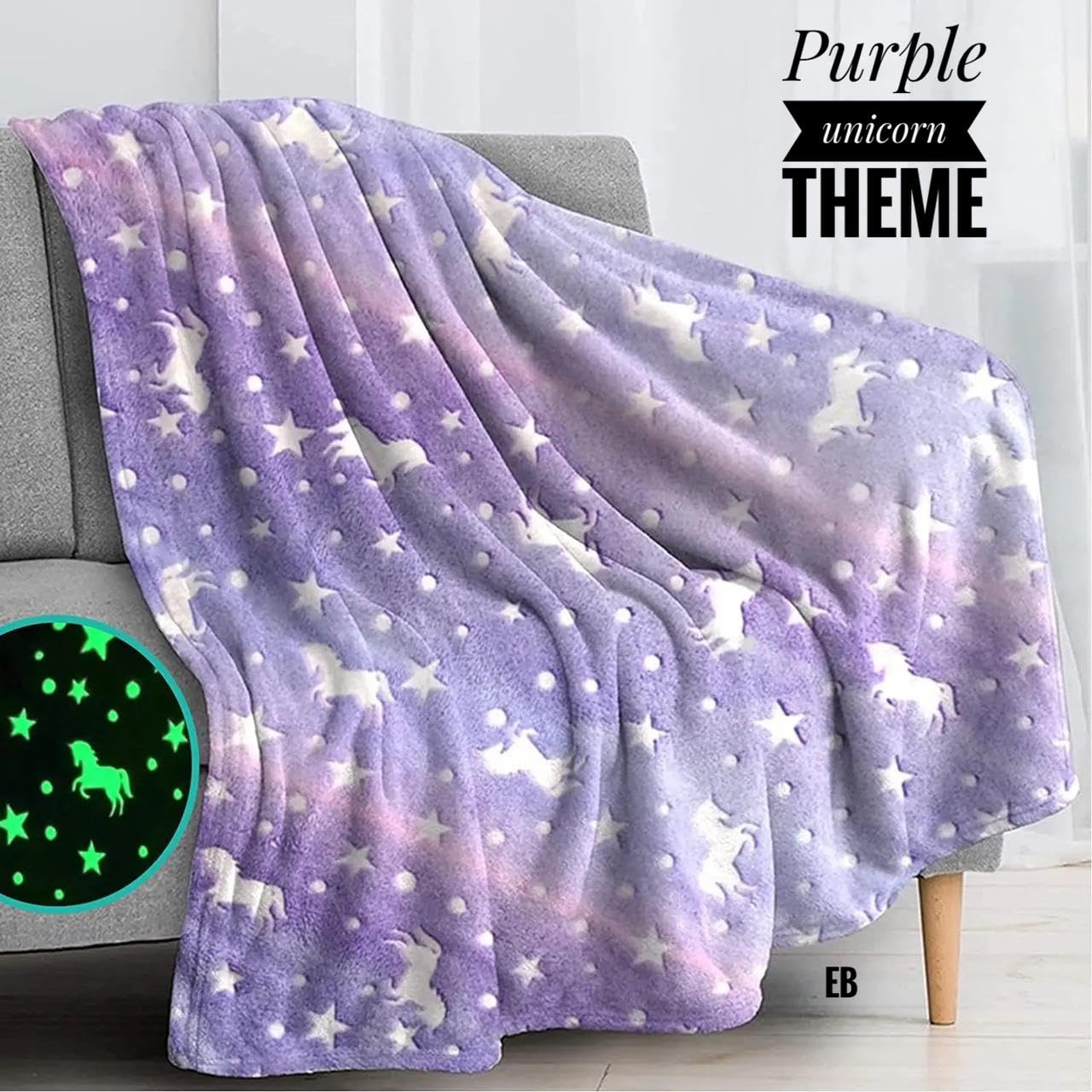 Echo Boomers Purple Unicorn Glow in The Dark Blanket Printed Blankets for Kids, Light Weight Soft Cozy All Season Blankets for Baby Boys & Girls Pack of 1 Grey Star-Big (60x80 inches)