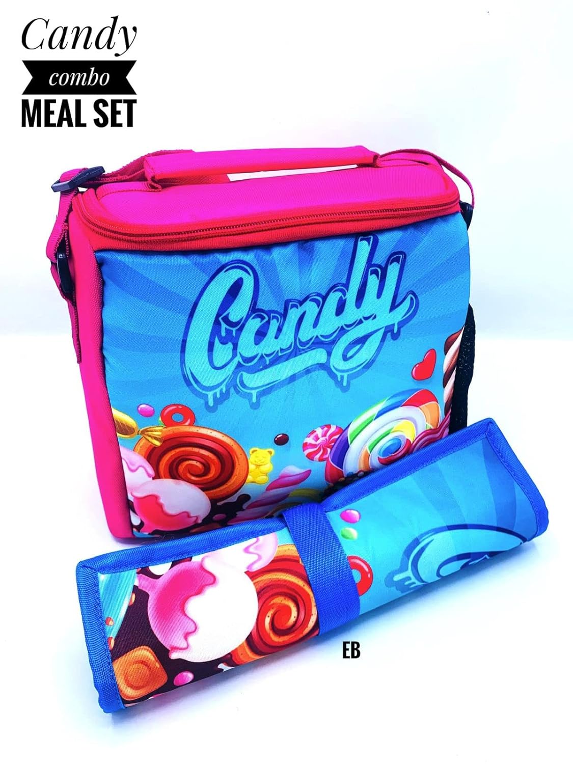 Echo Boomers Candy Printed Insulated Lunch Bag & Rolled Dinning TableMat Combo, Tiffin and Food Storage Bag for Work, Students, Office, Picnic, College & School with Multiple Zipper Pockets Pink