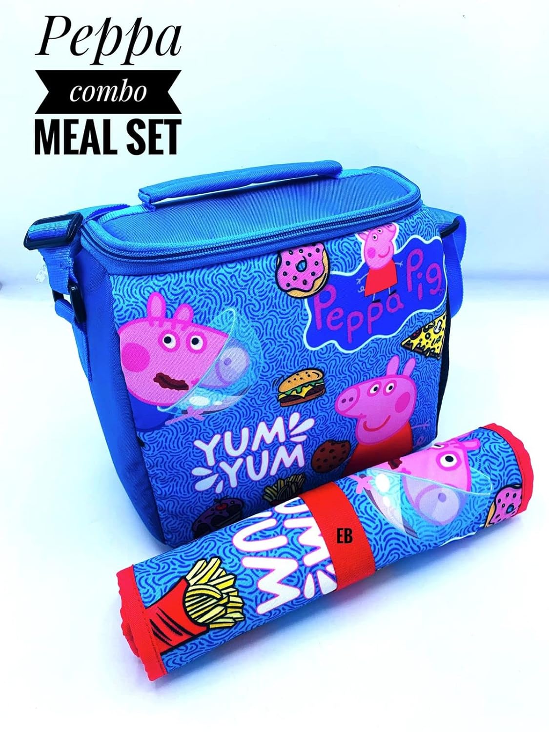 Echo Boomers Peppa Pig Printed Insulated Lunch Bag & Rolled Dinning TableMat Combo, Tiffin and Food Storage Bag for Work, Students, Office, Picnic, College & School with Multiple Zipper Pockets Red