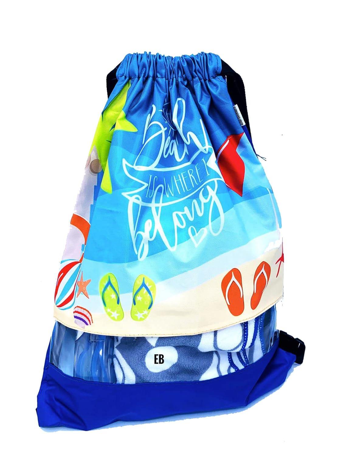 Echo Boomers Blue Beach Vibes Printed Design Daily Casual Outdoor Travel Sports Beach Drawstring Backpack