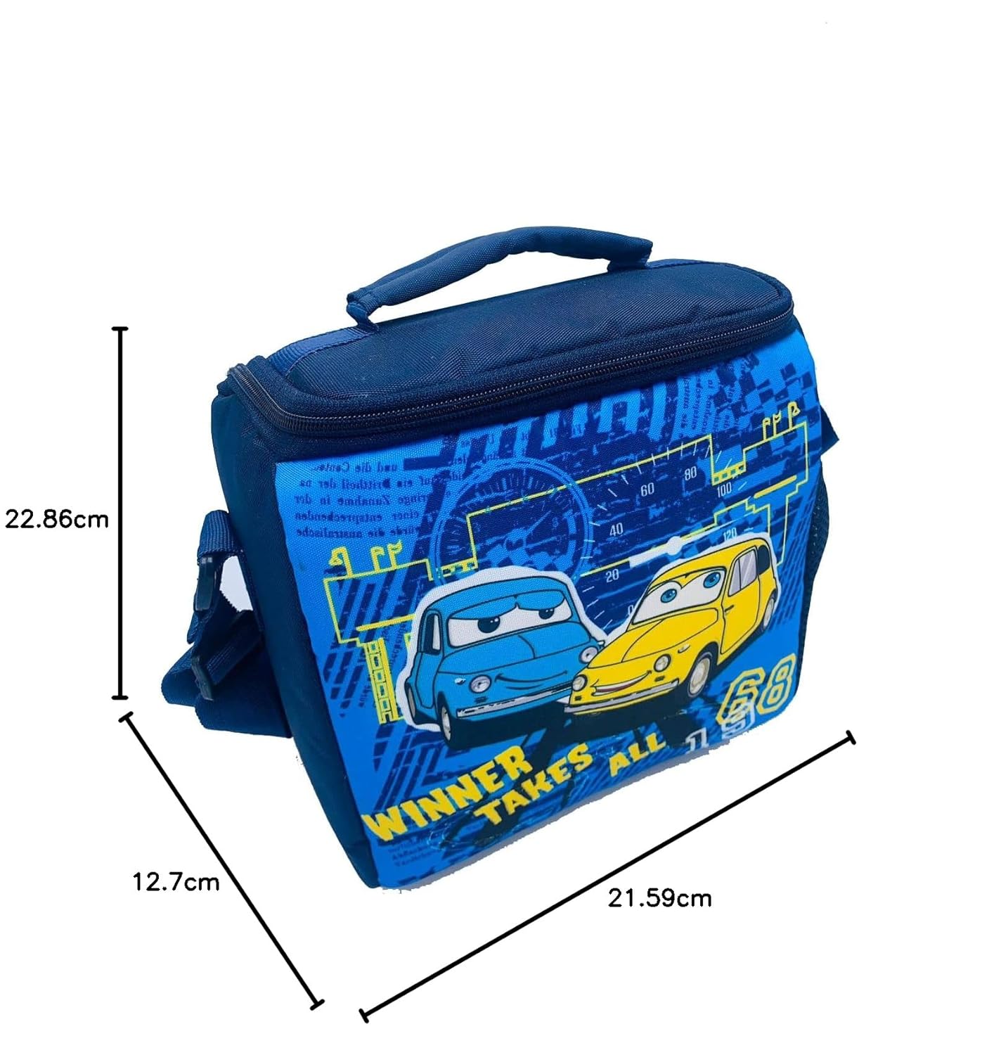 Echo Boomers Cars Printed Insulated Lunch Bag, Tiffin and Food Storage Bag for Work, Students, Office, Picnic, College & School with Bottle Holder & Multiple Zipper Pockets (Blue)