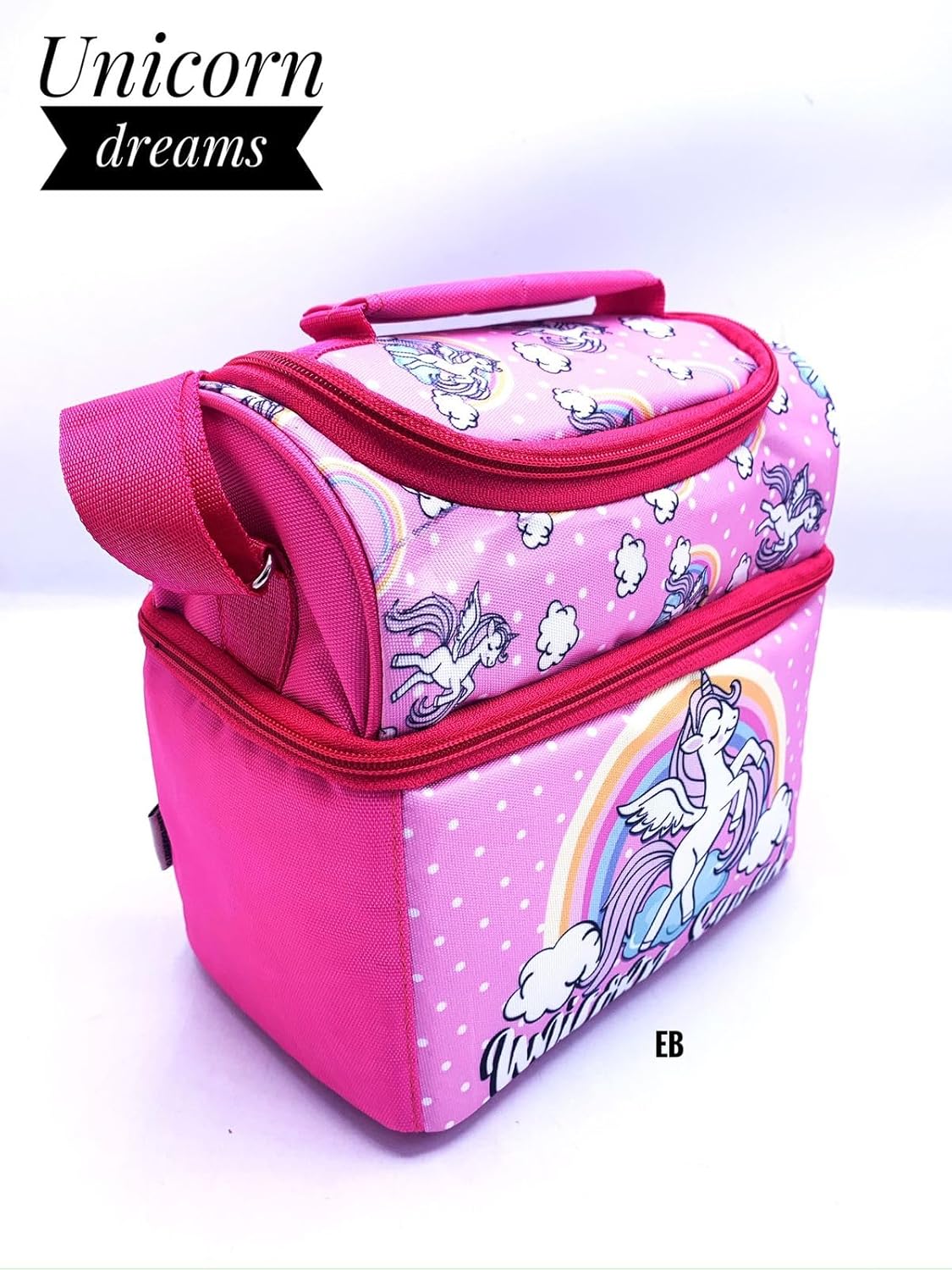 Echo Boomers Pink Unicorn Printed Double Insulated Tiffin Lunch Bag with Multi Zipper Pockets