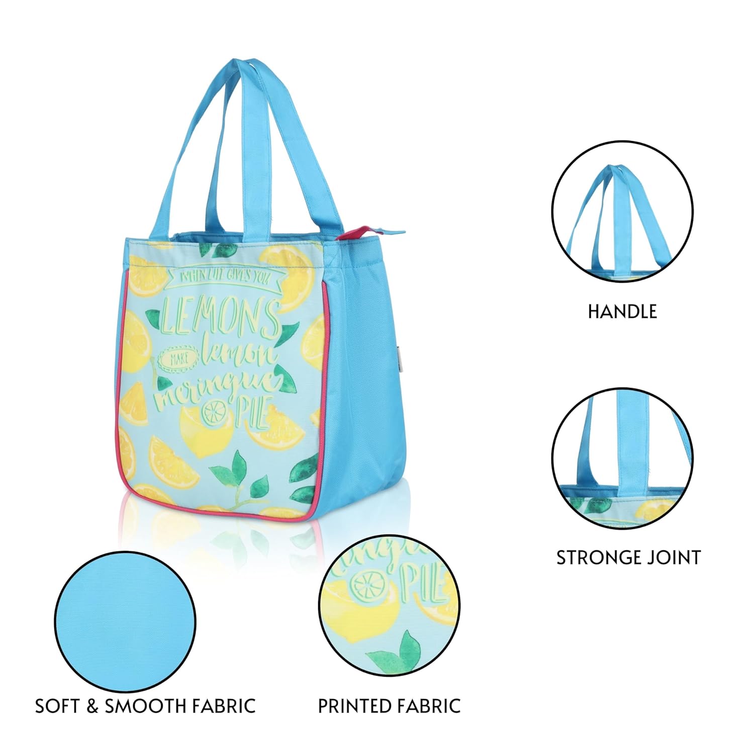 Echo Boomers Blue Lemons Printed Lunch Bag- Insulated, Spacious & Stylish for School, Work, or Outings