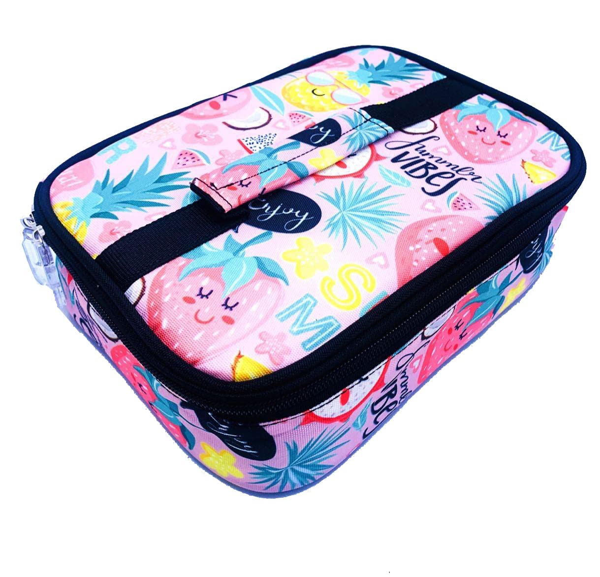 Echo Boomers Pink Summer Printed Insulated Tiffin Bento Lunch Medium Bag with Multi Zipper Pockets