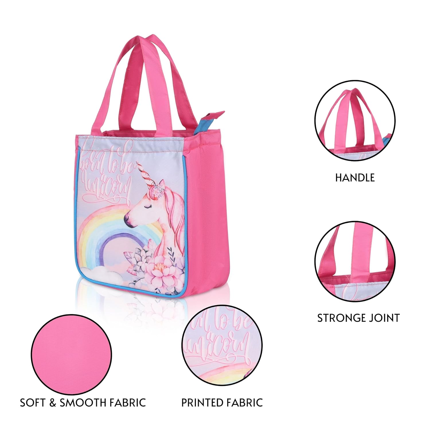 Echo Boomers Pink Unicorn Printed Lunch Bag- Insulated, Spacious & Stylish for School, Work, or Outings