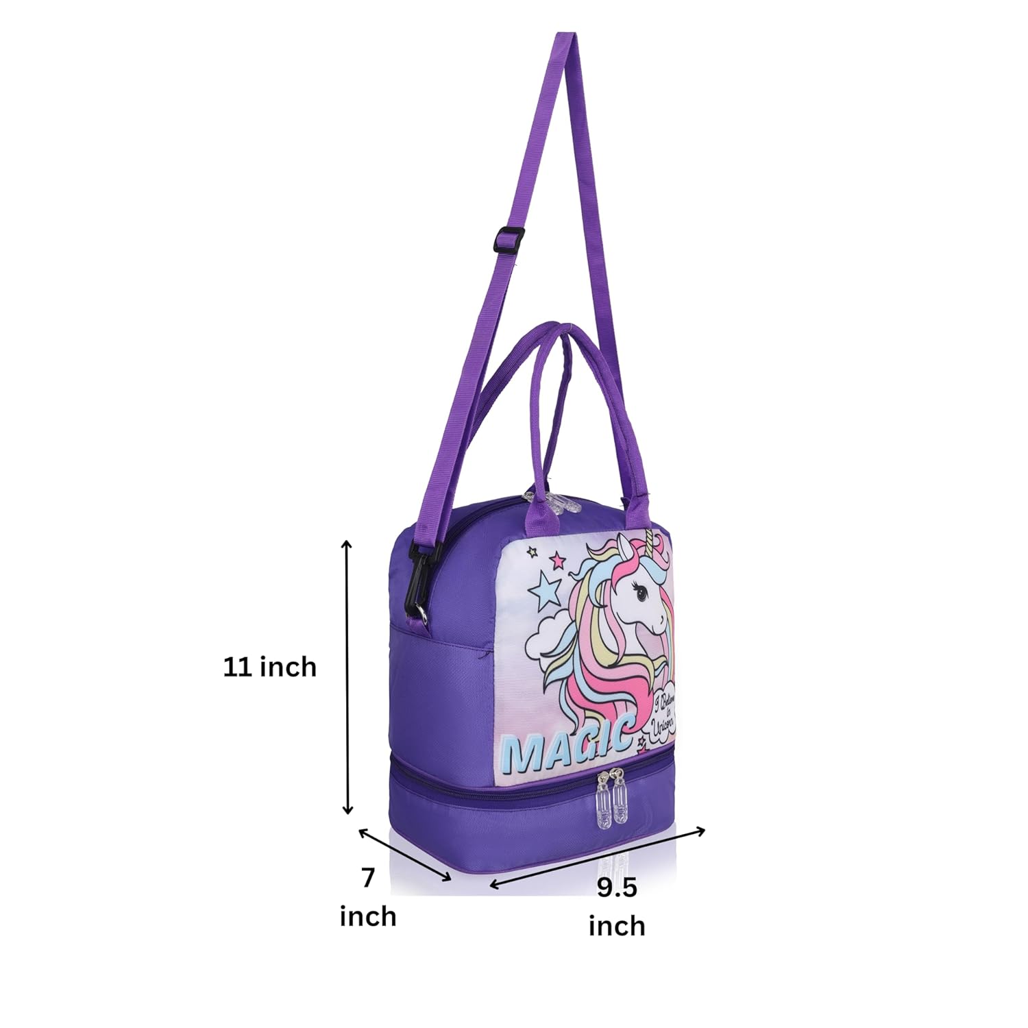 Echo Boomers Double Layer Insulated Tiffin Lunch Bag - Magical Purple Unicorn Print, Multi Pockets & Long Strap