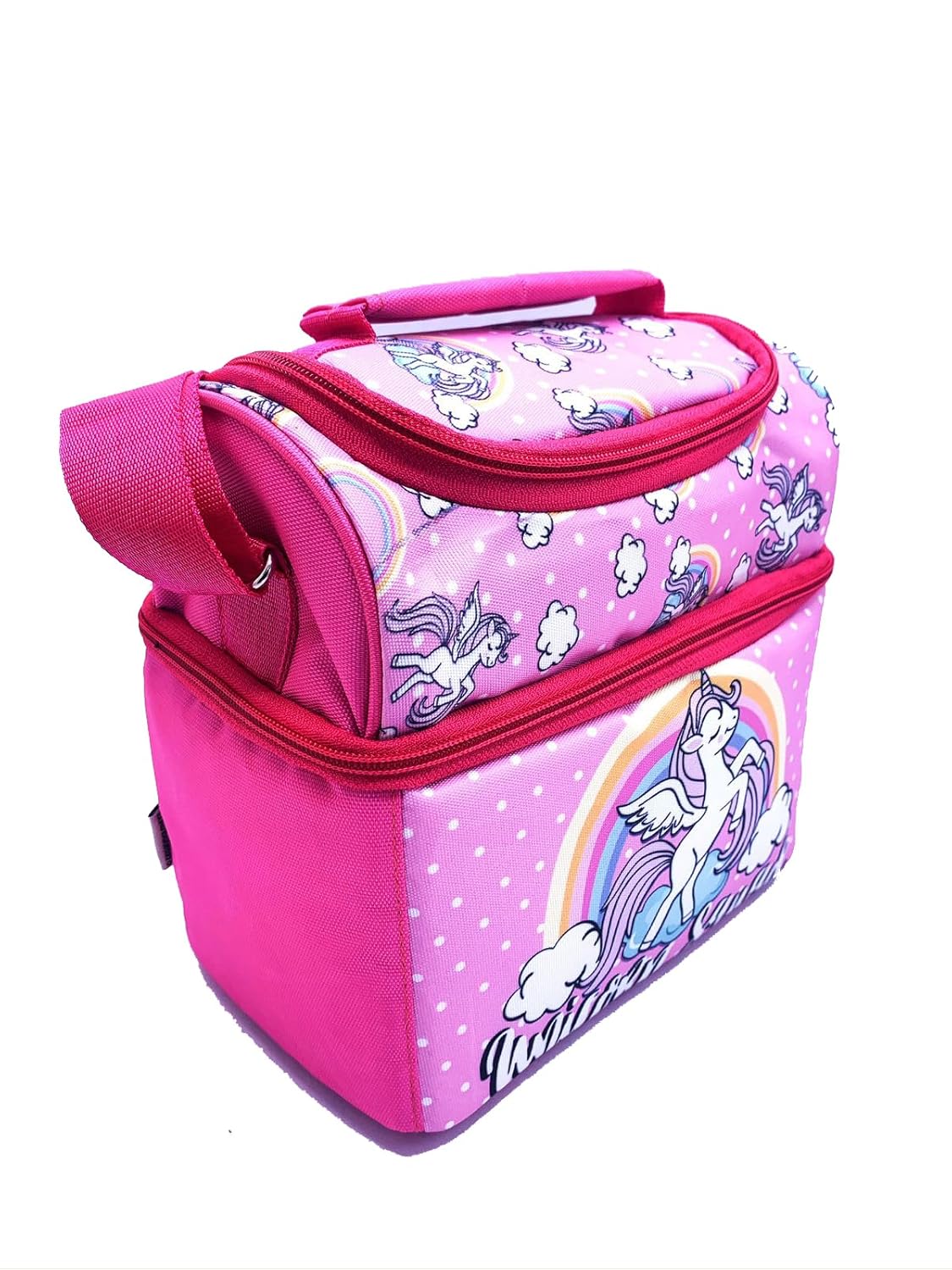 Echo Boomers Pink Unicorn Printed Double Insulated Tiffin Lunch Bag with Multi Zipper Pockets