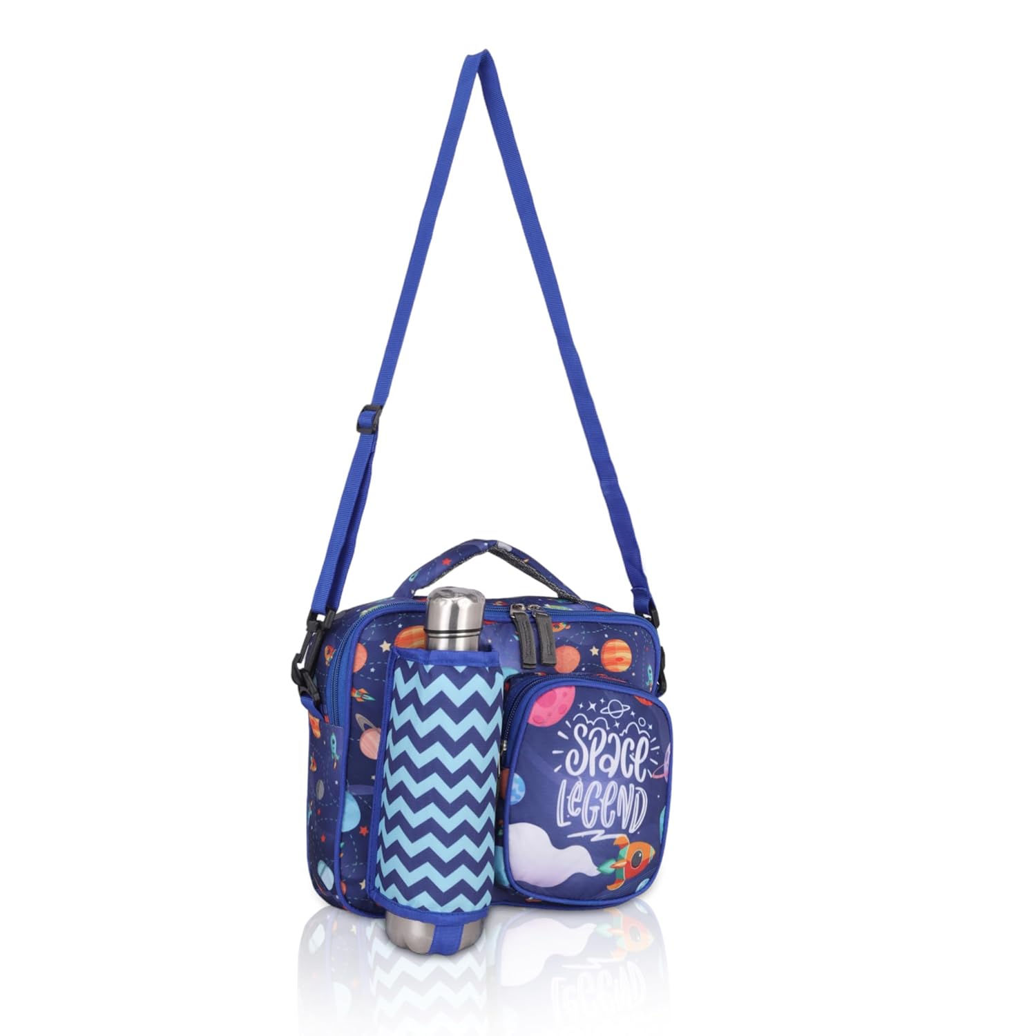 Echo Boomers Blue Space Print Insulated Tiffin Lunch Bags for Kids with Multi Zipper Pockets