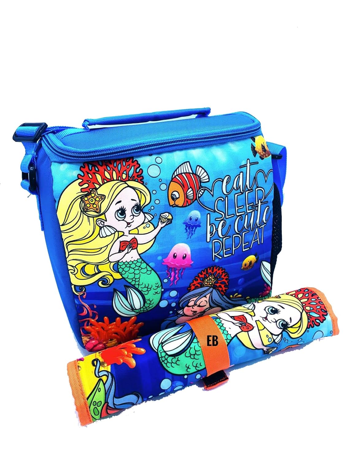 Echo Boomers Mermaid Printed Insulated Lunch Bag & Rolled Dinning TableMat Combo, Tiffin and Food Storage Bag for Work, Students, Office, Picnic, College & School with Multiple Zipper Pockets Blue