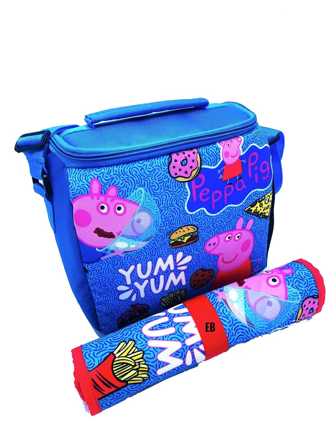 Echo Boomers Peppa Pig Printed Insulated Lunch Bag & Rolled Dinning TableMat Combo, Tiffin and Food Storage Bag for Work, Students, Office, Picnic, College & School with Multiple Zipper Pockets Red