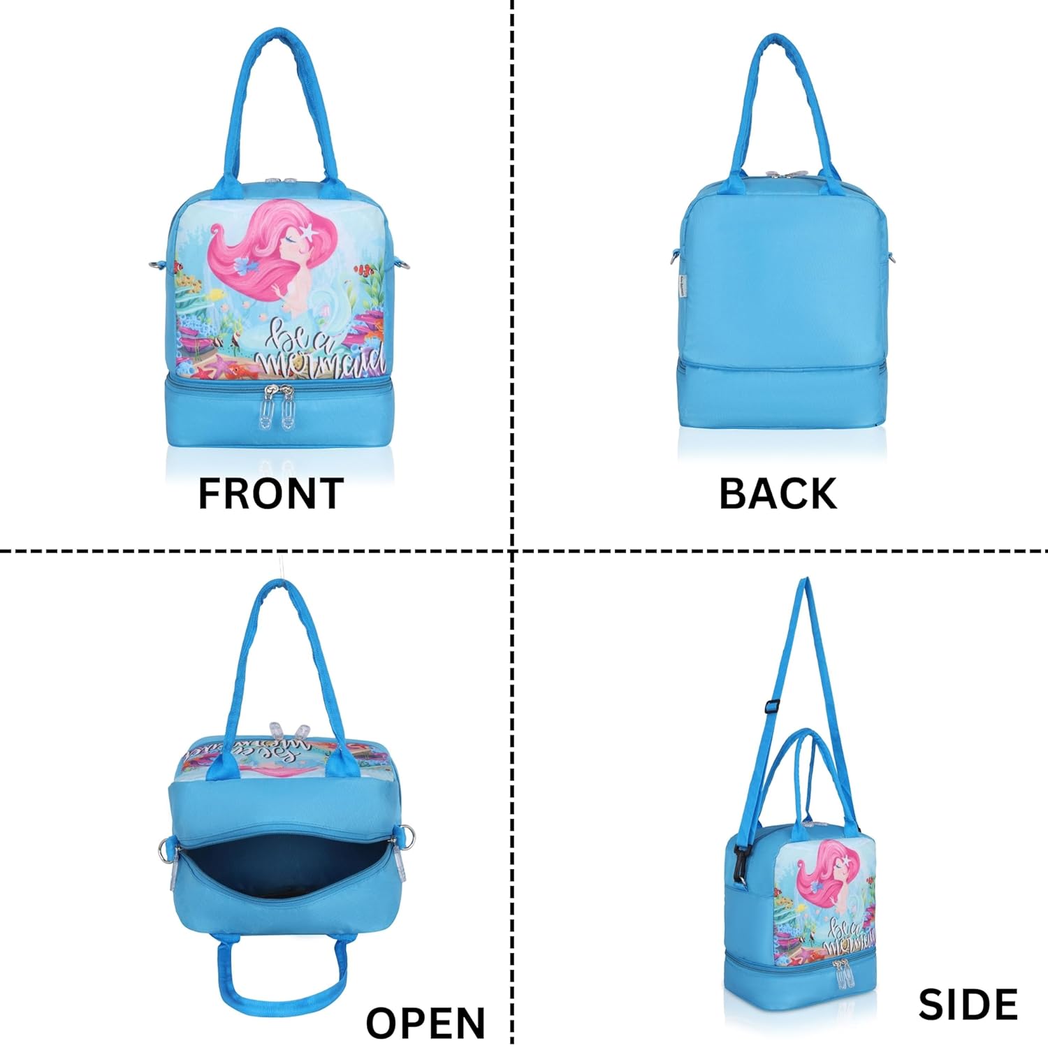 Echo Boomers Double Layer Insulated Tiffin Lunch Bag - Cool Blue Mermaid Print, Multi Pockets & Long Strap