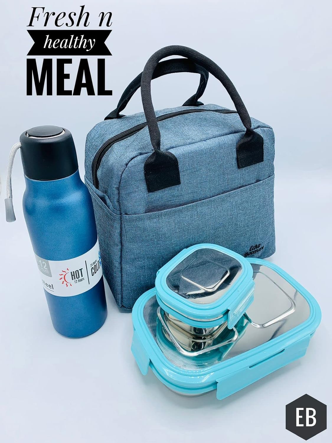 Echo Boomers Silver Colour Solid Textured Insulated Tiffin Lunch Bag with Multi Zipper Pockets