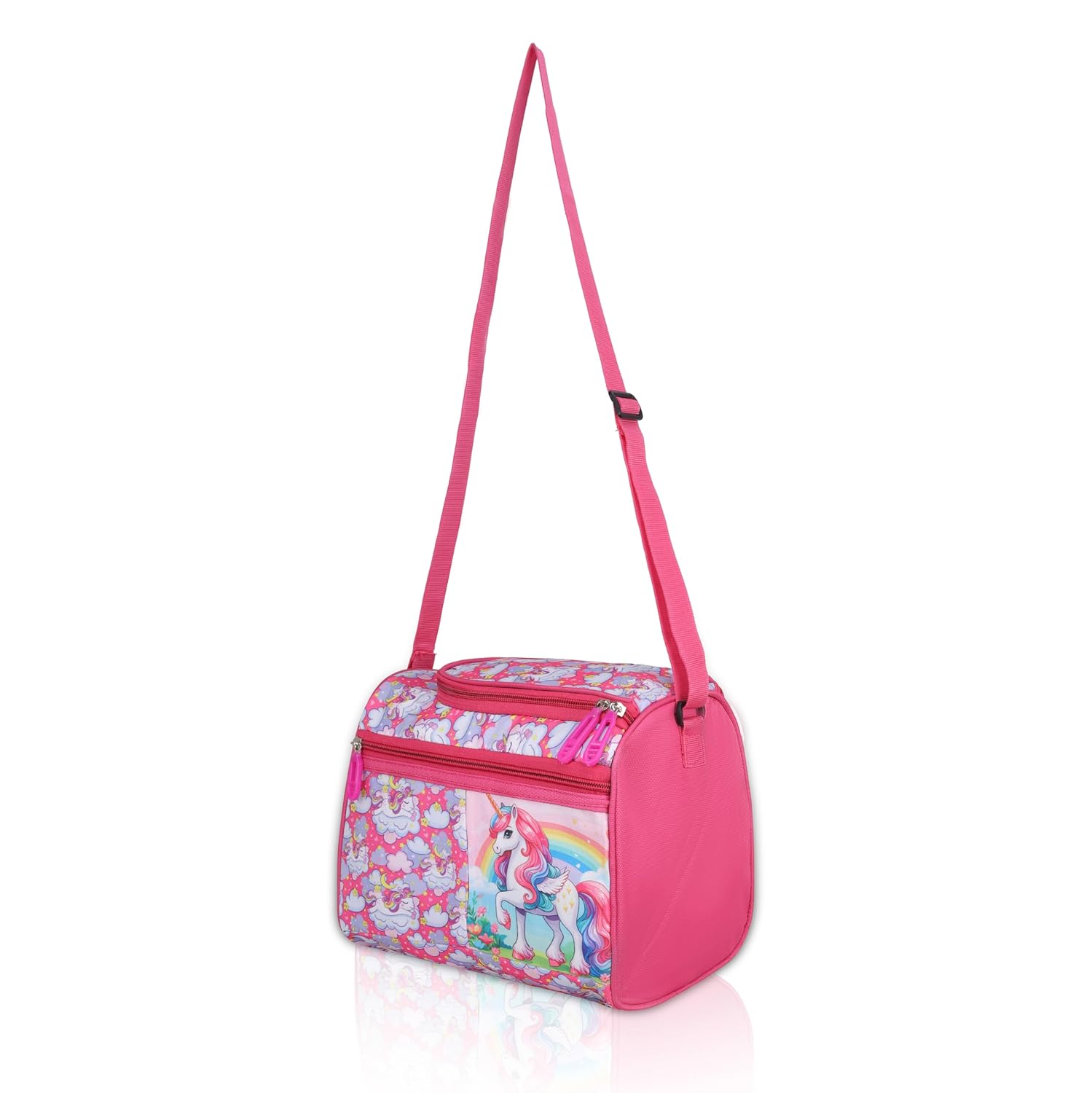 Echo Boomers Pink Unicorn Printed Double Insulated Tiffin Lunch Bag with Multi Zipper Pockets - Pink