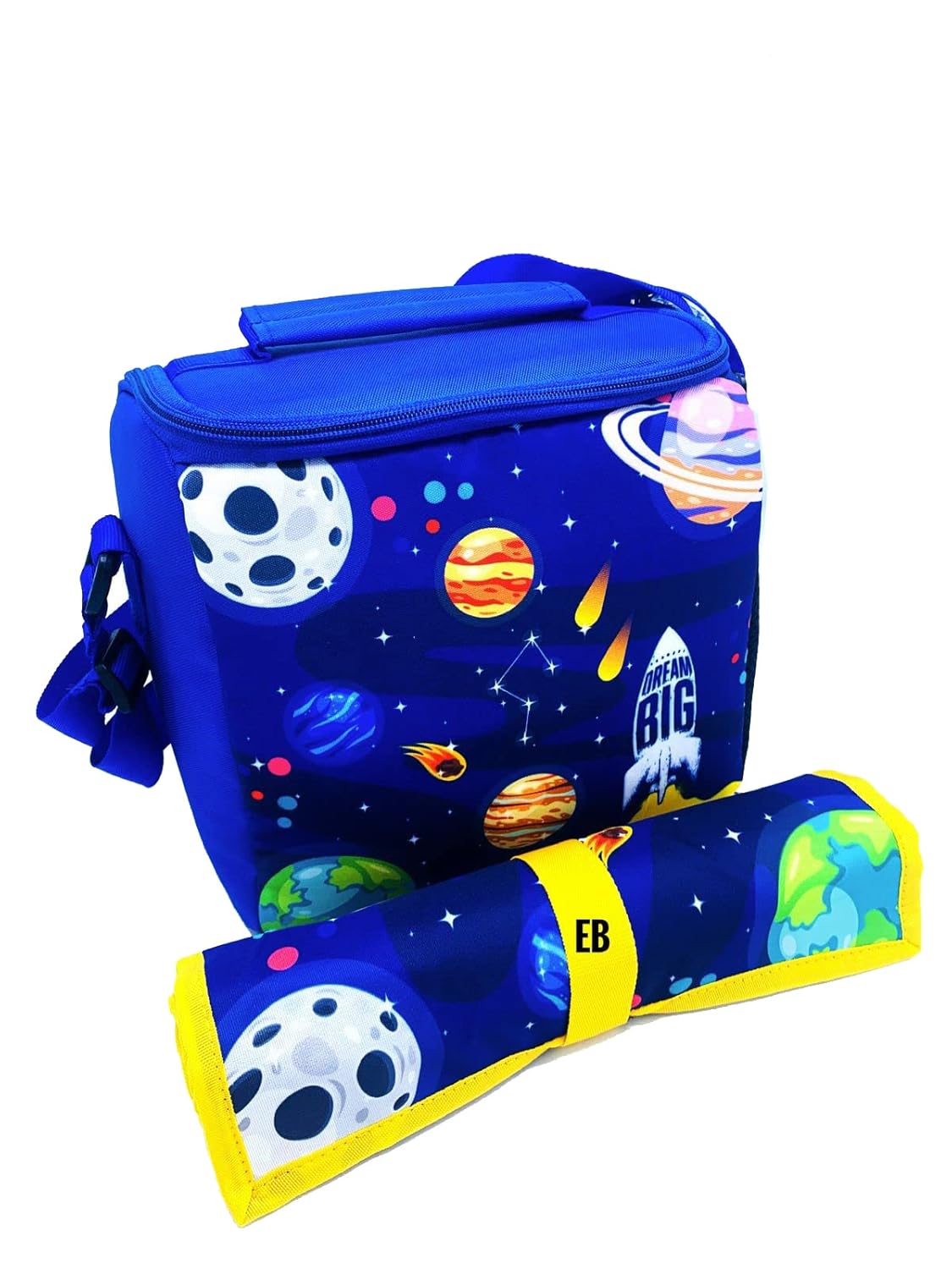 Echo Boomers Space Printed Insulated Lunch Bag & Rolled Dinning TableMat Combo, Tiffin and Food Storage Bag for Work, Students, Office, Picnic, College & School with Multiple Zipper Pockets Blue