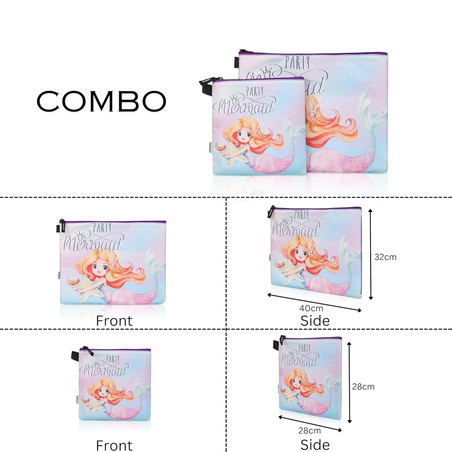 New Twin Mermaid Printed Combo Folder Set Jr. | A4 & Mini Water-Resistant Folders | Cushioned, Padded, Stylish & Washable | Perfect for Documents, Gadgets, Art Supplies, Travel & Kids Accessories