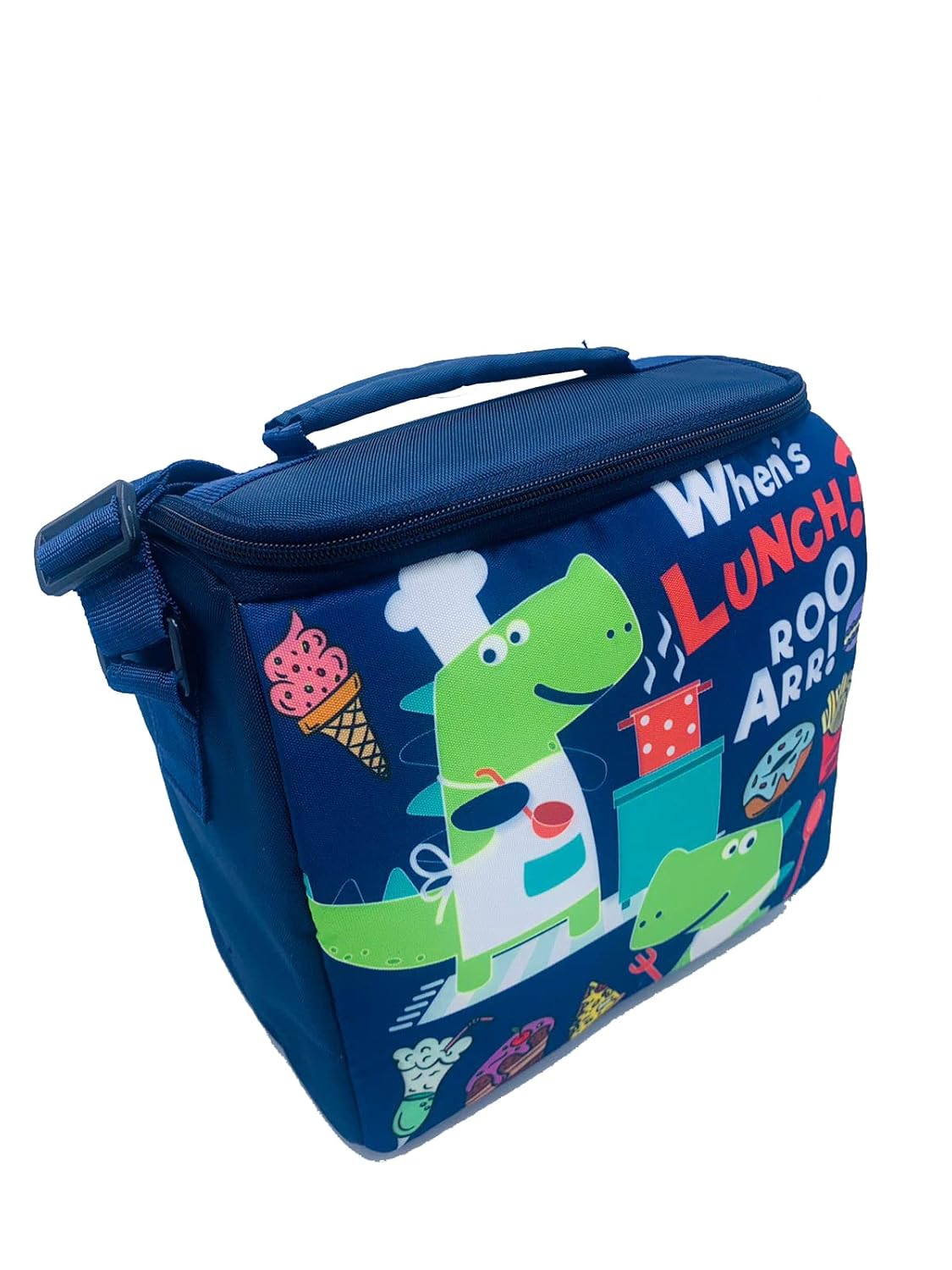 Echo Boomers Dino Printed Insulated Lunch Bag, Tiffin and Food Storage Bag for Work, Students, Office, Picnic, College & School with Bottle Holder & Multiple Zipper Pockets (Blue)