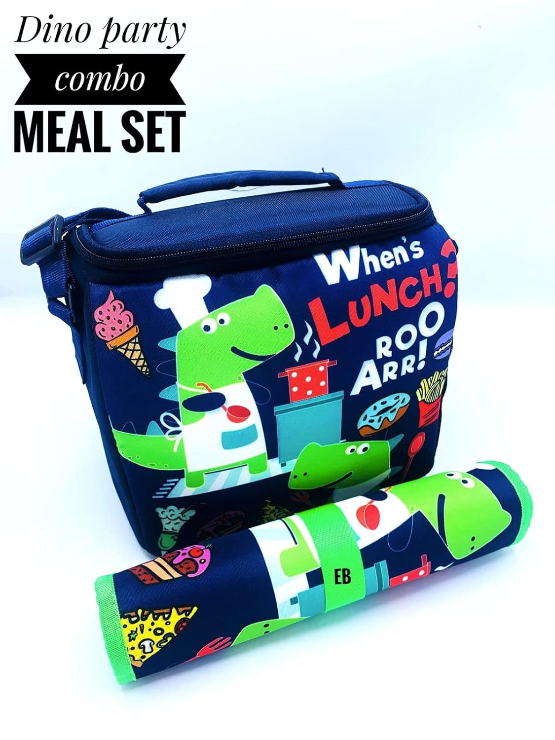 Echo Boomers Dinosaurs Printed Insulated Lunch Bag & Rolled Dinning TableMat Combo, Tiffin and Food Storage Bag for Work, Students, Office, Picnic, College & School with Multiple Zipper Pockets Red